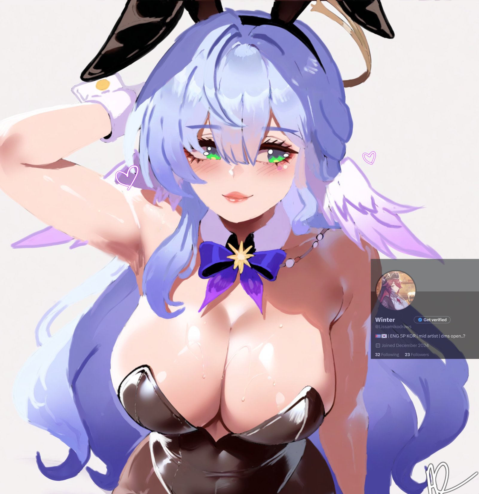 1girls, blush, blushing female, breasts, bunny ears, bunnysuit, female, female only, honkai: star rail, large breasts, robin (honkai: star rail), solo, wings, wings on head