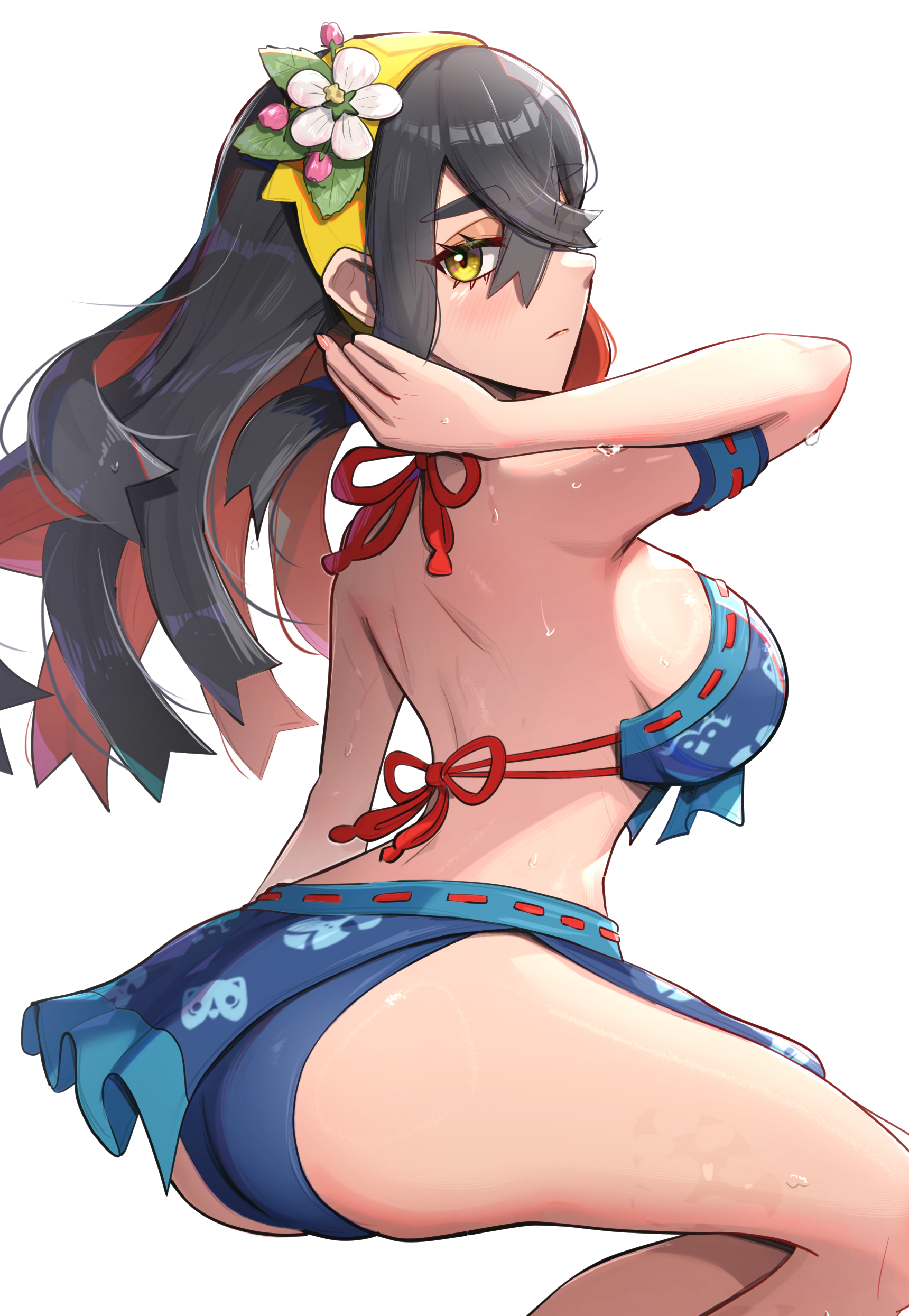 1girls, absurdres, alternate costume, ass, bare shoulders, bikini, black hair, blue bikini, blue sarong, blush, breasts, carmine (pokemon), closed mouth, colored inner hair, crossed bangs, female, female only, flower, gonzarez, hair between eyes, hair flower, hair ornament, hairband, highres, large breasts, long hair, looking at viewer, multicolored hair, nintendo, pokemon, pokemon sv, red hair, sarong, sideboob, simple background, swim skirt, swimsuit, two-tone hair, wet, white background, yellow eyes, yellow hairband