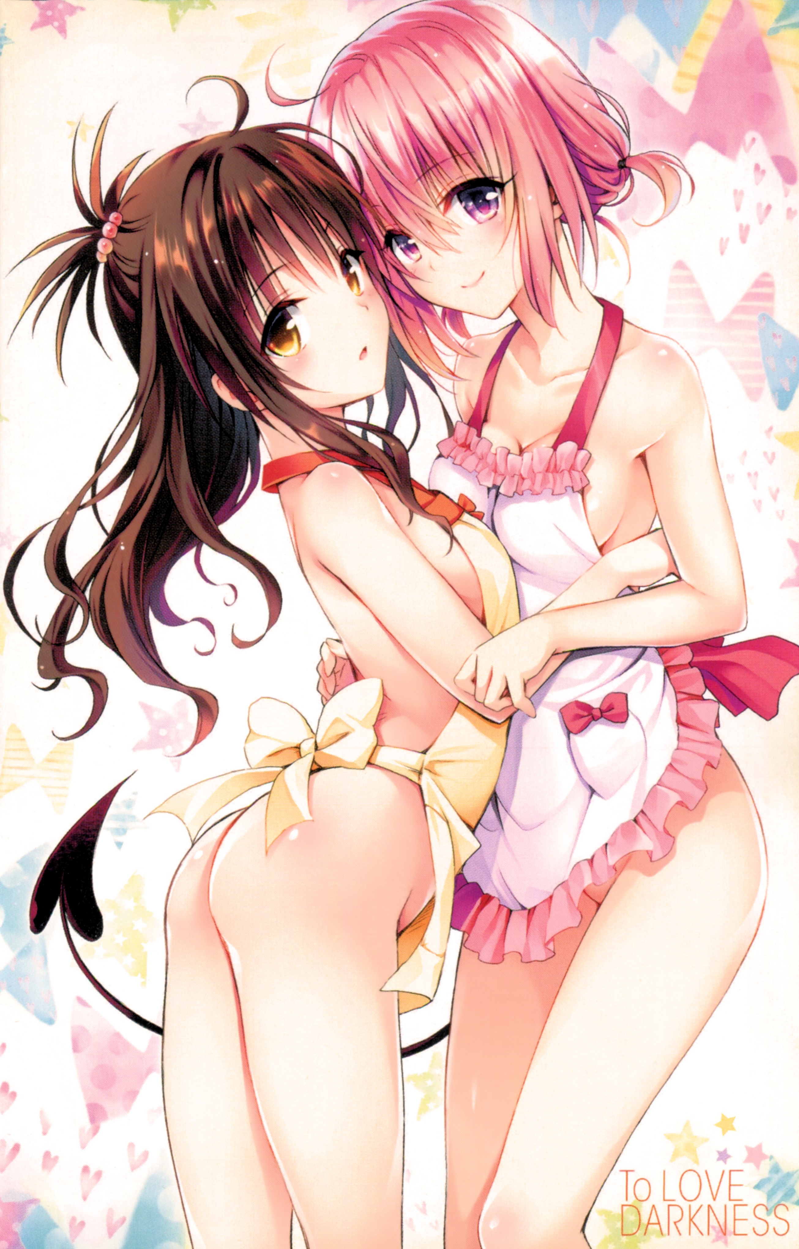 2girls, absurdres, apron, arched back, ass, beads, breasts, brown eyes, brown hair, demon tail, female, female only, fingernails, flat chest, hair beads, hair ornament, highres, long fingernails, looking at viewer, medium breasts, momo velia deviluke, multiple females, multiple girls, naked apron, pink hair, purple eyes, scan, short twintails, small breasts, smile, tail, tied hair, to love-ru, to love-ru darkness, twintails, yabuki kentarou, yuri, yuuki mikan