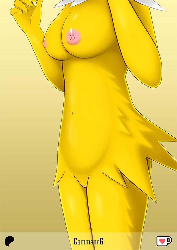 anthro anthrofied breasts commandg eeveelution female fur generation_1_pokemon genitals jolteon nintendo nipples nude pokemon pokemon_(species) pokemorph pussy simple_background solo