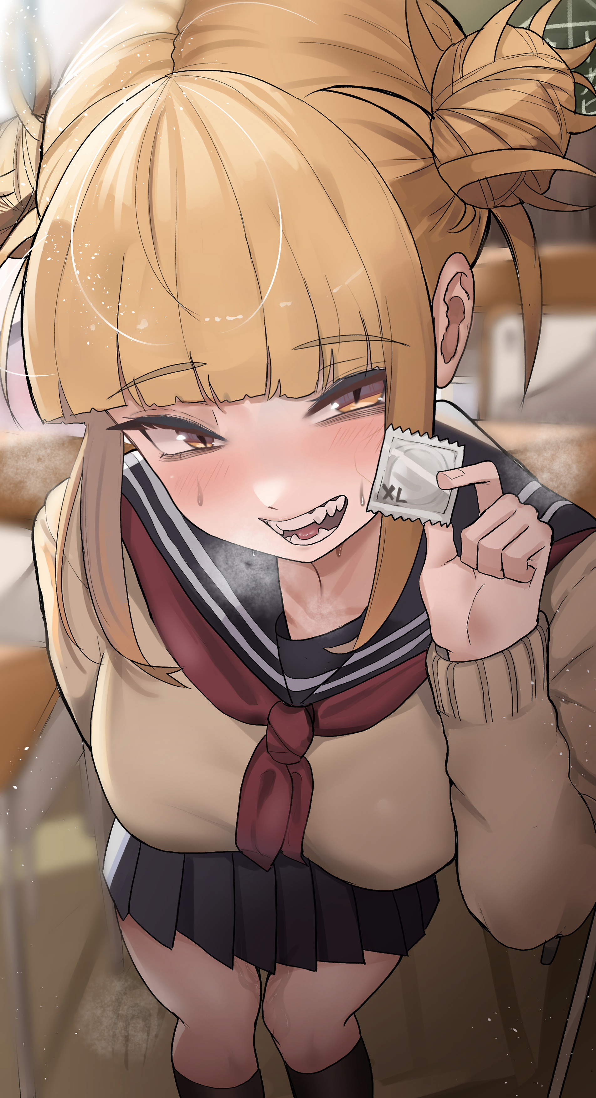 1girls, blonde hair, blonde-haired female, breasts, condom, double bun, eye contact, female, fully clothed, himiko toga, holding condom, light skin, looking at viewer, my hero academia, school uniform, skirt, solo, standing, yellow eyes, zd (pixiv6210083)