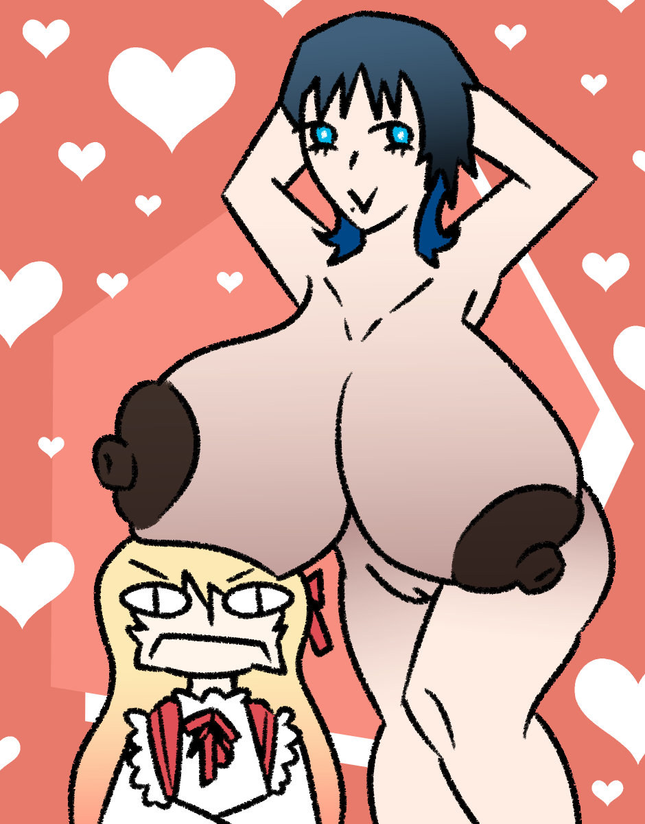 arms_up big_breasts blue_eyes blue_hair boob_envy breast_envy breasts brown_areola envy gigantic_breasts hands_behind_head hiodoshi_ao hololive hololive_regloss huge_breasts large_areolae mole mole_under_mouth nude nude_female otonose_kanade short_hair smiling vanveleca