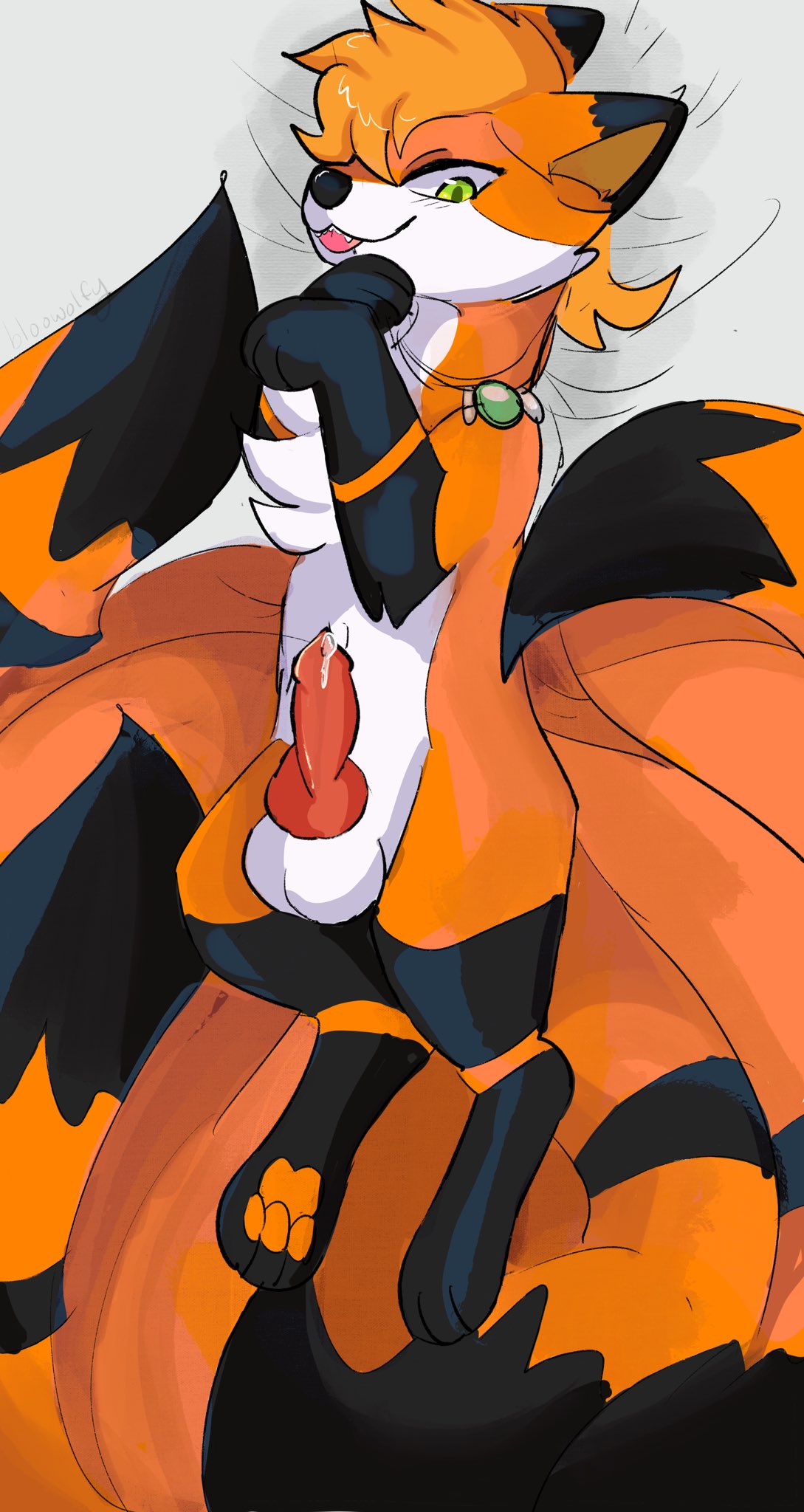 2023 animal_genitalia animal_penis balls bloowolfy bodily_fluids canid canine canine_genitalia canine_penis dakimakura erection feral fox fur generation_1_pokemon genital_fluids genitals green_eyes hi_res knot male mammal ninetales nintendo orange_body orange_fur penis pokemon pokemon_(species) precum smile solo white_body white_fur