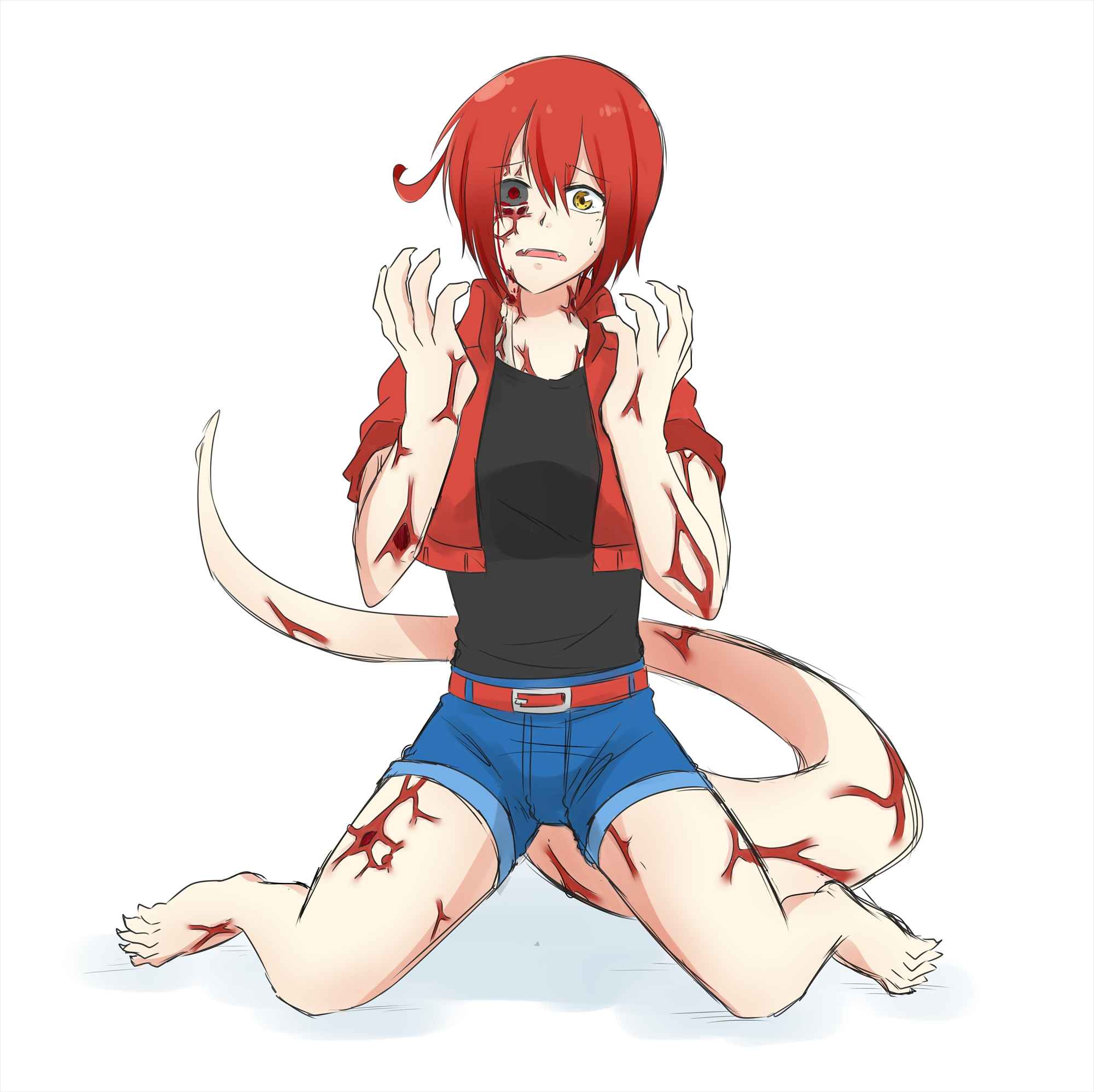 ae-3803 bad_id bad_pixiv_id belt black_sclera breasts cancer_cell_(hataraku_saibou) clawed_feet clawed_fingers claws corruption fangs female haruyo_sakuragi hataraku_saibou heterochromia jacket looking_at_self monster monster_girl monsterification nervous on_side red_blood_cell_(hataraku_saibou) red_eyes red_hair scared scared_expression sharp_fingernails sharp_teeth sharp_toenails short_hair short_shorts shorts sitting tail transformation veins white_background yellow_eyes