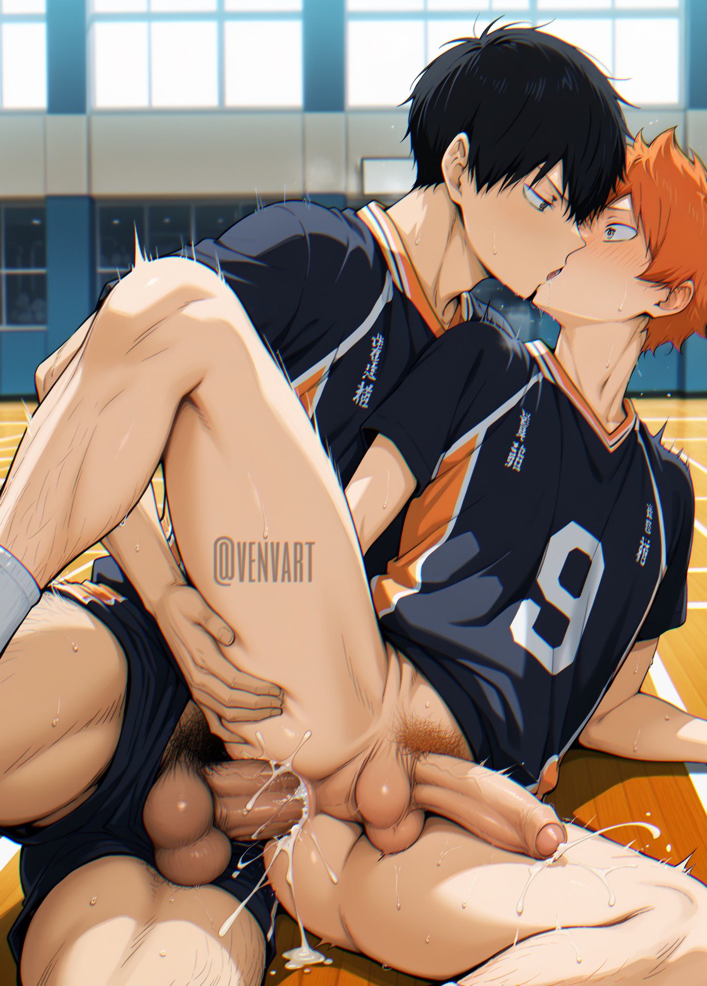 2boys ai_generated cum cum_in_ass cum_inside gay gay_sex haikyuu!! kissing pubic_hair shoyo_hinata tobio_kageyama venxart yaoi