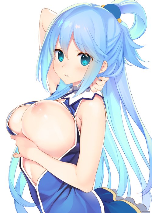 aqua_(konosuba) blue_eyes blue_hair blush breast_hold breasts female hair_ornament hair_rings kono_subarashii_sekai_ni_shukufuku_wo! large_breasts long_hair looking_at_viewer nipples one_breast_out parted_lips simple_background skirt sleeveless solo tatami_to_hinoki white_background