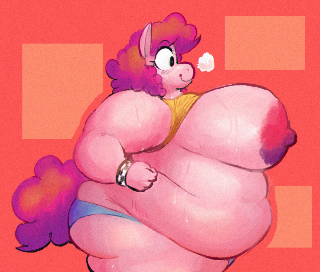 1girls, anthro, anthrofied, ass, bbw, big breasts, breasts, breasts bigger than head, breasts out, curly hair, fat, fat arms, fat rolls, female, horse tail, my little pony, obese, obese female, panties, pink fur, pink hair, pink skin, pinkie pie (mlp), punkitt, shirt lift, side view, sweat, sweaty, sweaty breasts, wide hips, wolfgirl9million