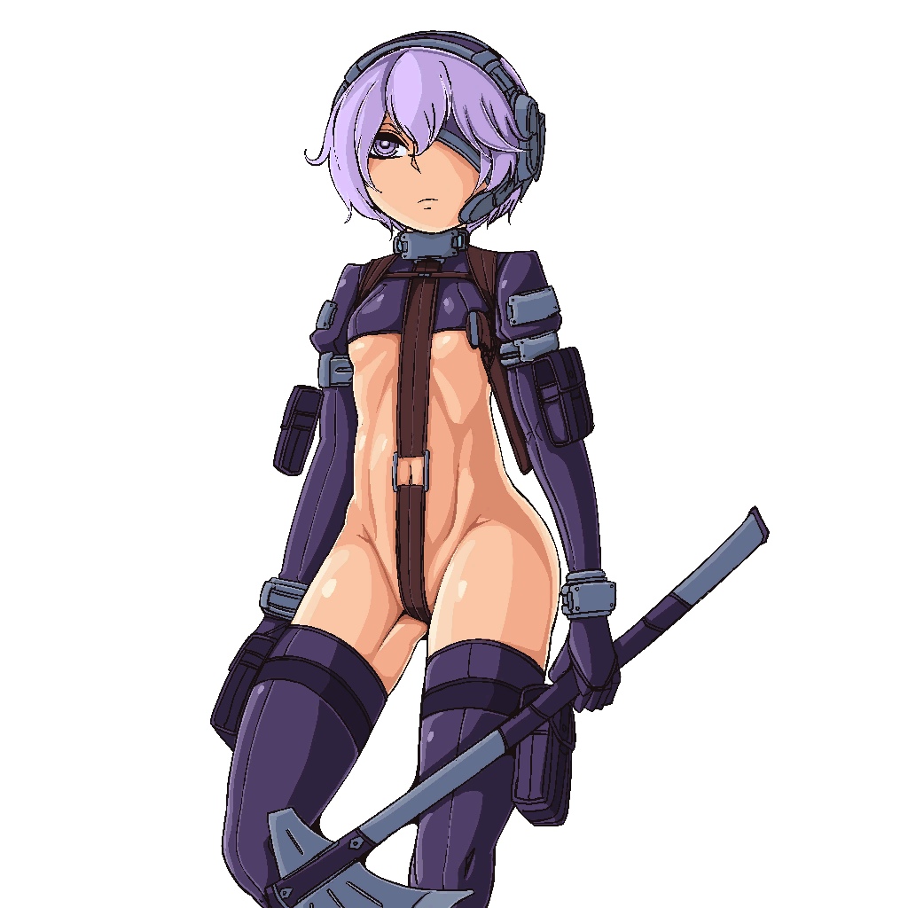 arm_pouch arm_strap axe breasts closed_mouth crop_top crotch_strap doekuramori eyebrows female female_focus gloves gluteal_fold hair_between_eyes headgear holding holding_axe holding_weapon martyr_(the_citadel) matching_hair/eyes official_art one_eye_covered pouch purple_eyes purple_gloves purple_hair purple_shirt purple_thighhighs short_hair small_breasts solo solo_focus the_citadel the_martyr thigh_pouch thigh_strap thighhighs transparent_background weapon