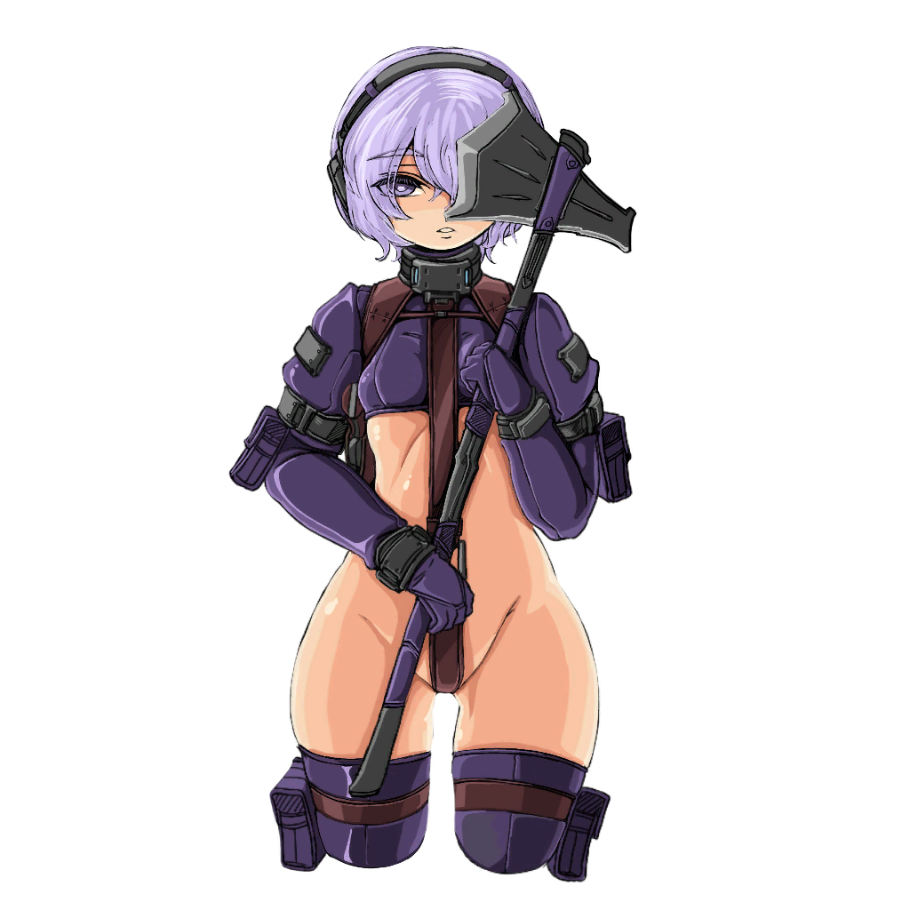 arm_pouch arm_strap axe breasts crop_top crotch_strap doekuramori eyebrows female female_focus gloves gluteal_fold hair_between_eyes headgear holding holding_axe holding_weapon looking_at_viewer martyr_(the_citadel) matching_hair/eyes official_art one_eye_covered open_mouth pouch purple_eyes purple_gloves purple_hair short_hair small_breasts solo solo_focus teeth the_citadel the_martyr thigh_pouch thigh_strap thighhighs transparent_background weapon