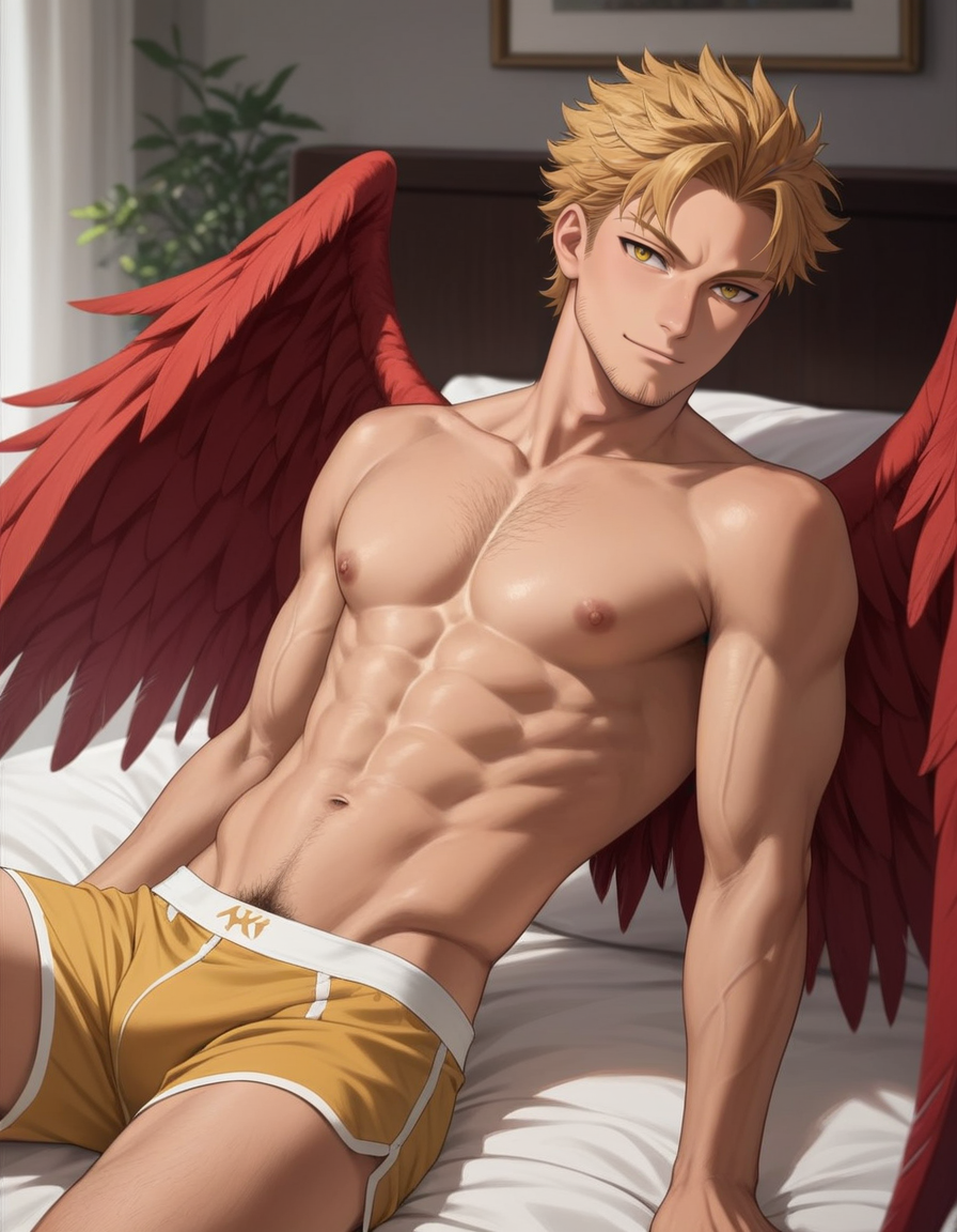 1boy abs ai_generated arm_support boku_no_hero_academia boxer_briefs boxers_(clothing) bsky_link bulge chest_hair dvxxxgrai facial_hair gay hawks_(my_hero_academia) keigo_takami male male_only male_underwear mature_male my_hero_academia nipples on_bed pectorals pixai pony_diffusion_xl pubic_hair red_wings solo solo_male stubble tagme takami_keigo toned toned_body toned_male topless topless_male twitter_link underwear underwear_only wings yaoi yellow_eyes yellow_hair yellow_male_underwear