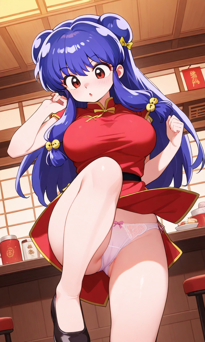 ai_generated bow chinese_clothes chinese_girl clothing dress long_hair medium_breasts panties ranma_1/2 red_eyes shampoo_(ranma_1/2) violet_hair white_panties