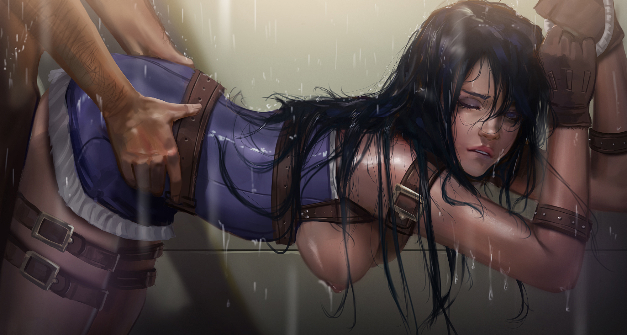 1boy, 1girls, ass, black hair, blue eyes, blue hair, breasts, caitlyn kiramman, clothing, female, functionally nude, gloves, hips, hoobamon, large breasts, league of legends, legs, lips, long hair, male, nipples, rain, sex, sideboob, straight, thighs, wet