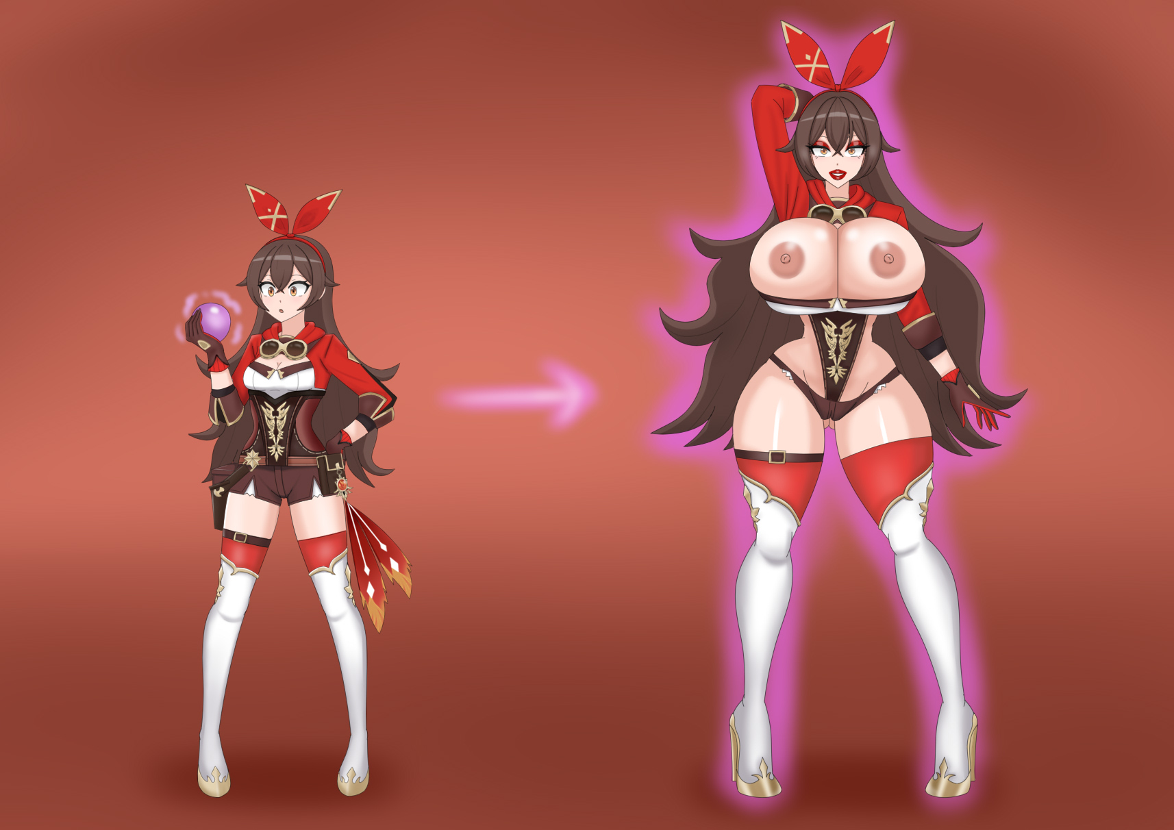 1girls, age progression, amber (genshin impact), ass expansion, before and after, bimbo, bimbofication, breast expansion, breast growth, breast growth (enlargement), breasts, female, female only, genshin impact, getting bigger, gigantic breasts, height growth, high heels, hourglass figure, huge breasts, human, medium breasts, radromu, revealing clothes, sequence, skimpy, solo, solo female, standing, transformation, ultratwilight, voluptuous, wide hips