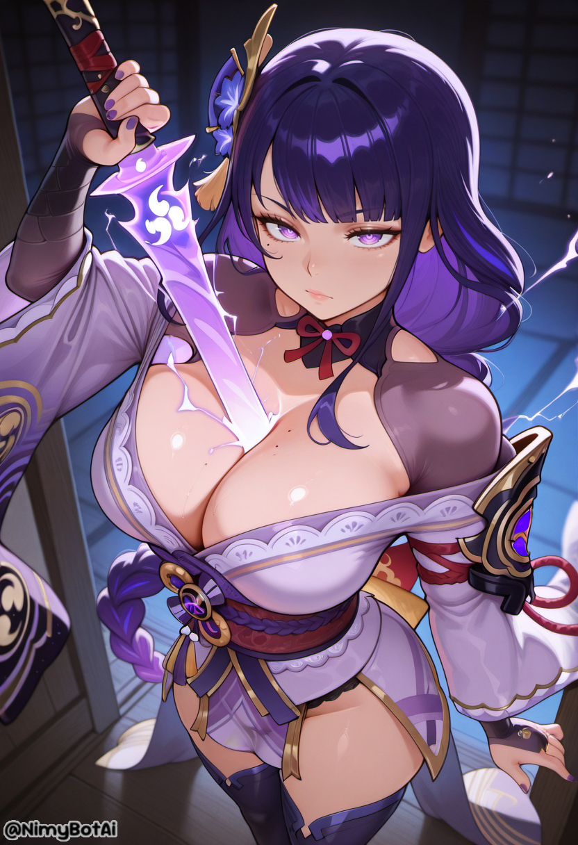 1girls, ai generated, bangs, between breasts, big breasts, braid, braided ponytail, breasts, bridal gauntlets, cleavage, closed mouth, drawing sword, electricity, female, female only, genshin impact, hair ornament, high resolution, highres, holding, holding sword, holding weapon, human scabbard, japanese clothes, kimono, large breasts, light skin, light-skinned female, long hair, long sleeves, looking at viewer, mole, mole on breast, mole under eye, musou isshin (genshin impact), nail polish, nimybotai, obi, off shoulder, purple eyes, purple hair, purple kimono, purple nails, purple thighhighs, raiden shogun, sash, solo, stable diffusion, sword, thighhighs, thighs, weapon, wide sleeves
