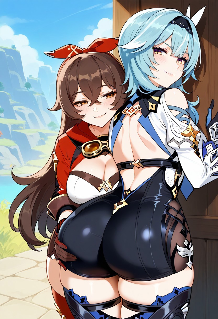 2girls ai_generated amber_(genshin_impact) ass ass_grab ass_support ass_worship backless_outfit blush breasts clothing eula_(genshin_impact) genshin_impact huge_ass leaning leaning_on_wall looking_at_viewer medium_breasts outdoors presenting_ass shiny_skin smirking_at_viewer thick_thighs thighhighs