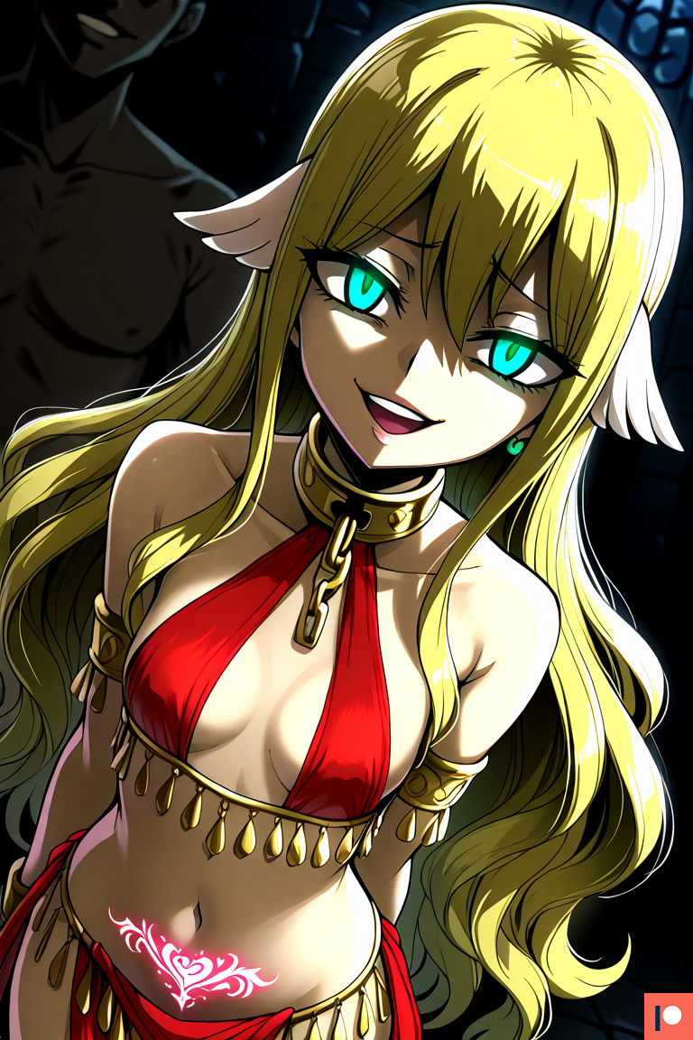 1boy 1girls ai_generated blonde_hair collar corrupted corruption dancer_outfit dungeon earrings empty_eyes evil evil_eyes evil_grin evil_smile fairy_tail female glowing_eyes green_eyes harem_outfit long_hair looking_at_viewer mavis_vermilion omega_weirdo patreon petite petite_body petite_female pov pubic_tattoo slave_collar small_breasts wing_ears