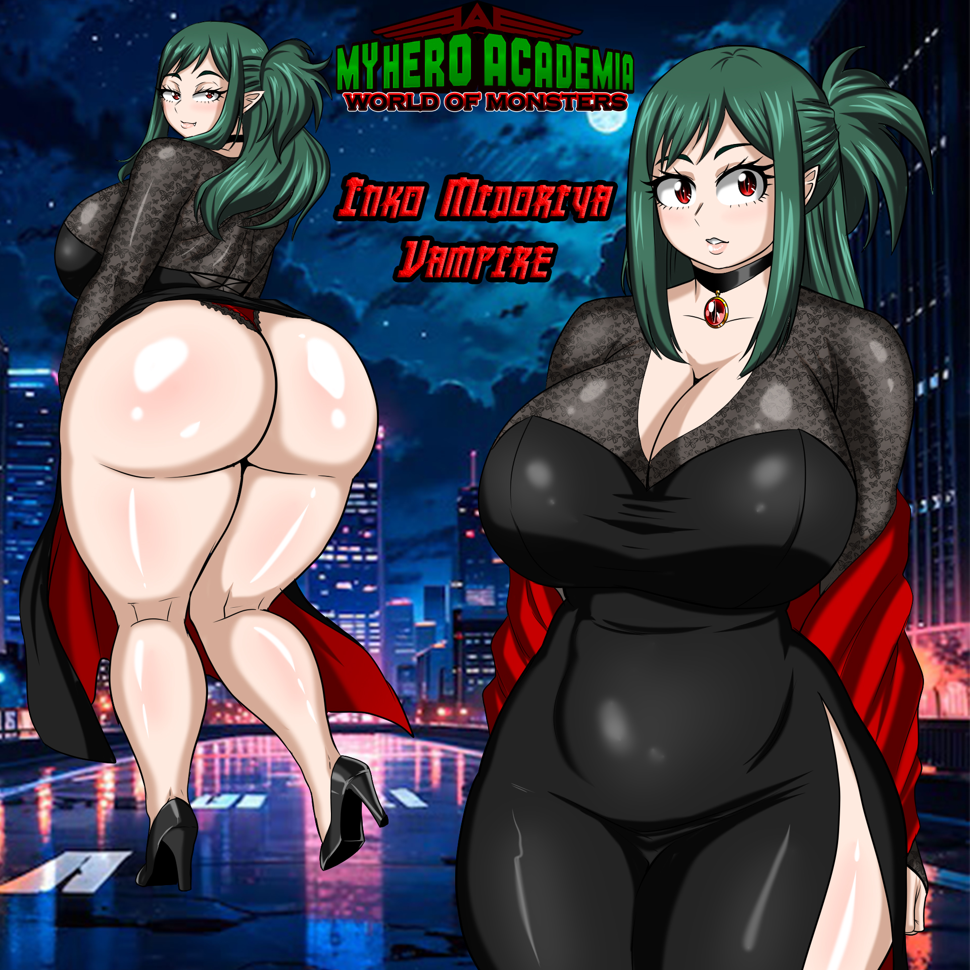 ass, big ass, big booty, big breasts, boku no hero academia, breasts, choker, dress, female, green hair, high heels, inko midoriya, large ass, large breasts, large butt, milf, my hero academia, panties, pointy ears, raidon dimentional land, red panties, tagme, vampire, vampire girl, vampire milf