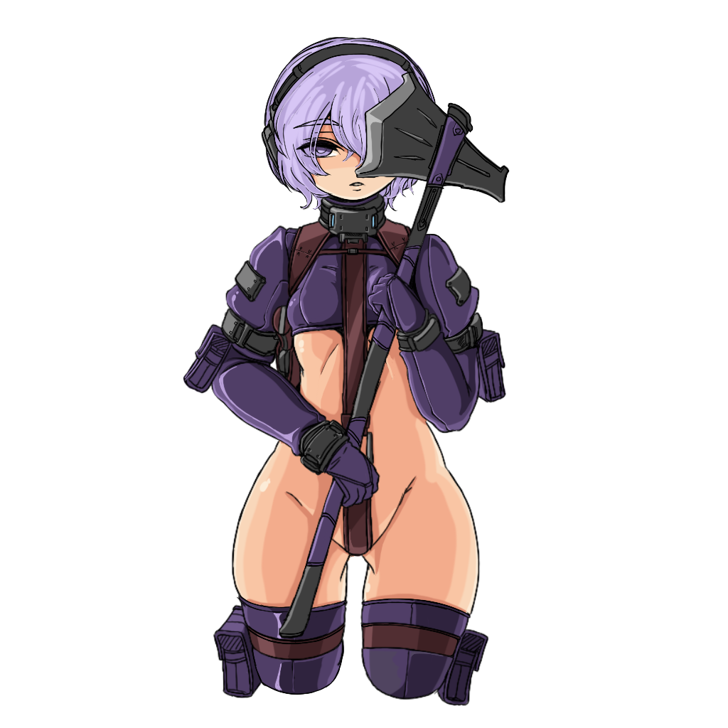 arm_pouch arm_strap axe breasts crop_top crotch_strap doekuramori eyebrows female female_focus gloves gluteal_fold hair_between_eyes headgear holding holding_axe holding_weapon looking_at_viewer martyr_(the_citadel) matching_hair/eyes official_art one_eye_covered open_mouth pouch purple_eyes purple_gloves purple_hair short_hair small_breasts solo solo_focus teeth the_citadel the_martyr thigh_pouch thigh_strap thighhighs transparent_background weapon