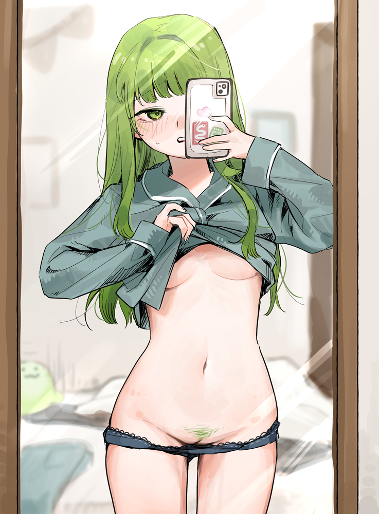 bed blush breasts cellphone clothes_lift colored_pubic_hair female female_pov female_pubic_hair full-length_mirror green_eyes green_hair green_shirt holding holding_phone indoors kochiya_sanae long_hair long_sleeves looking_at_phone mirror navel panties panty_pull phone pov pubic_hair pussy reflection reflection_focus selfie shirt smartphone solo sweat taking_picture tou_(toh_k) touhou underboob underwear