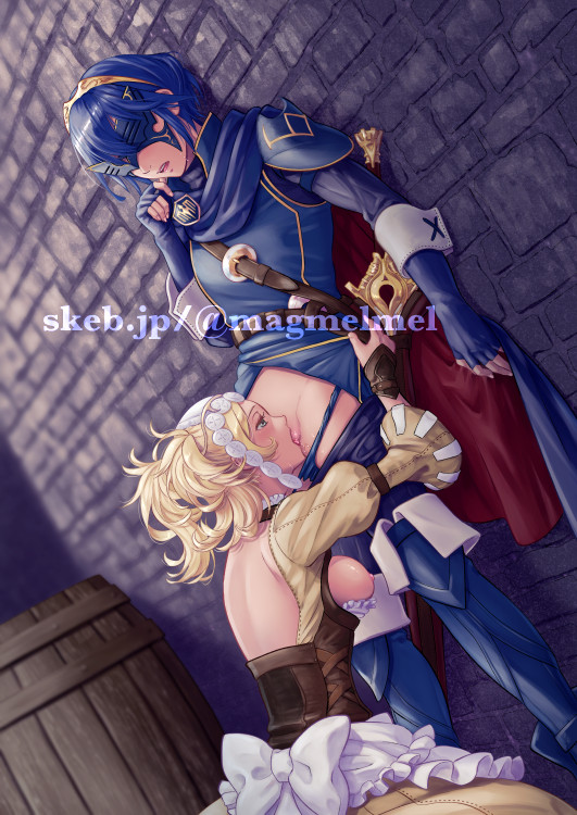 2girls blonde_hair blue_hair clothed_sex cunnilingus lissa_(fire_emblem) lucina_(fire_emblem) magmel marth_(fire_emblem_awakening) standing yuri