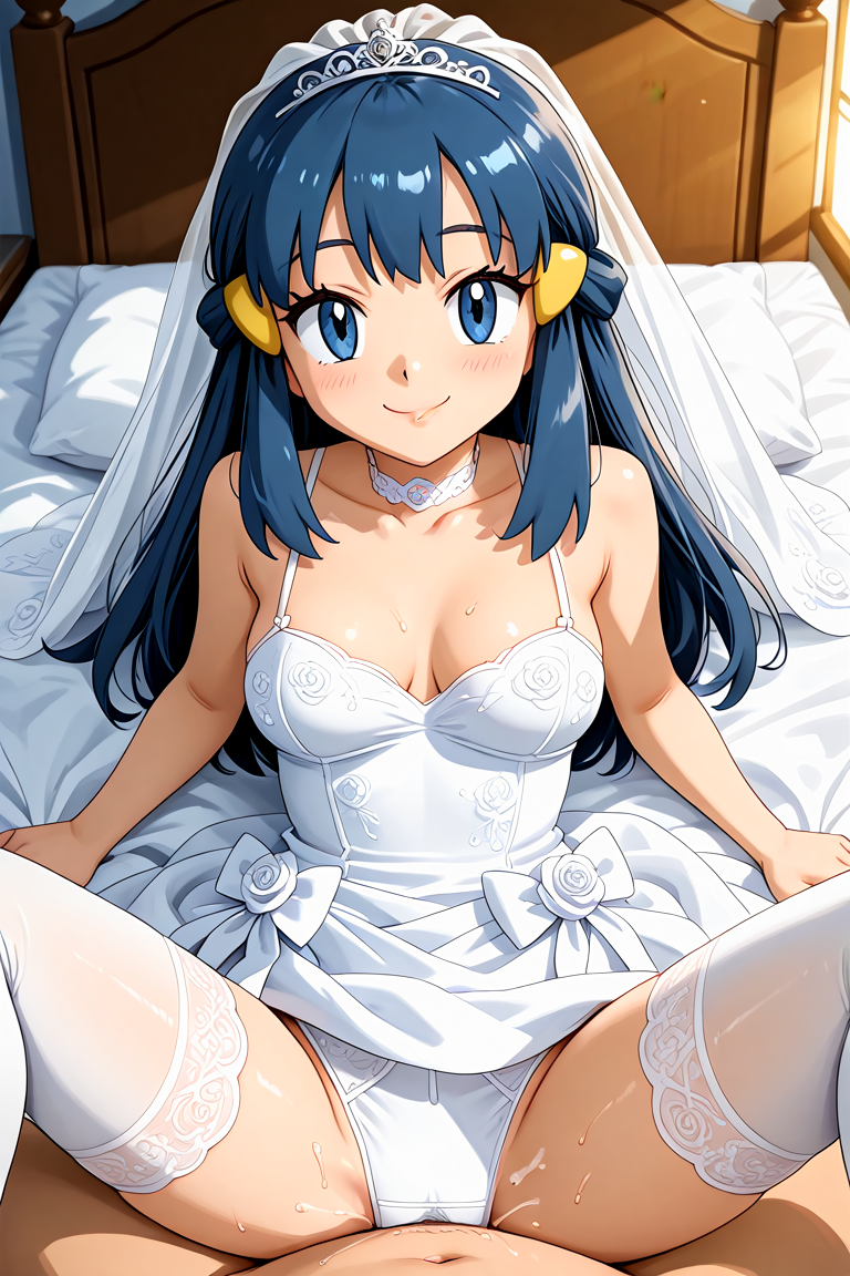 ai_generated blue_hair dawn_(pokemon) missionary_position omega-weirdo pokemon pokemon_dppt sex wedding_dress