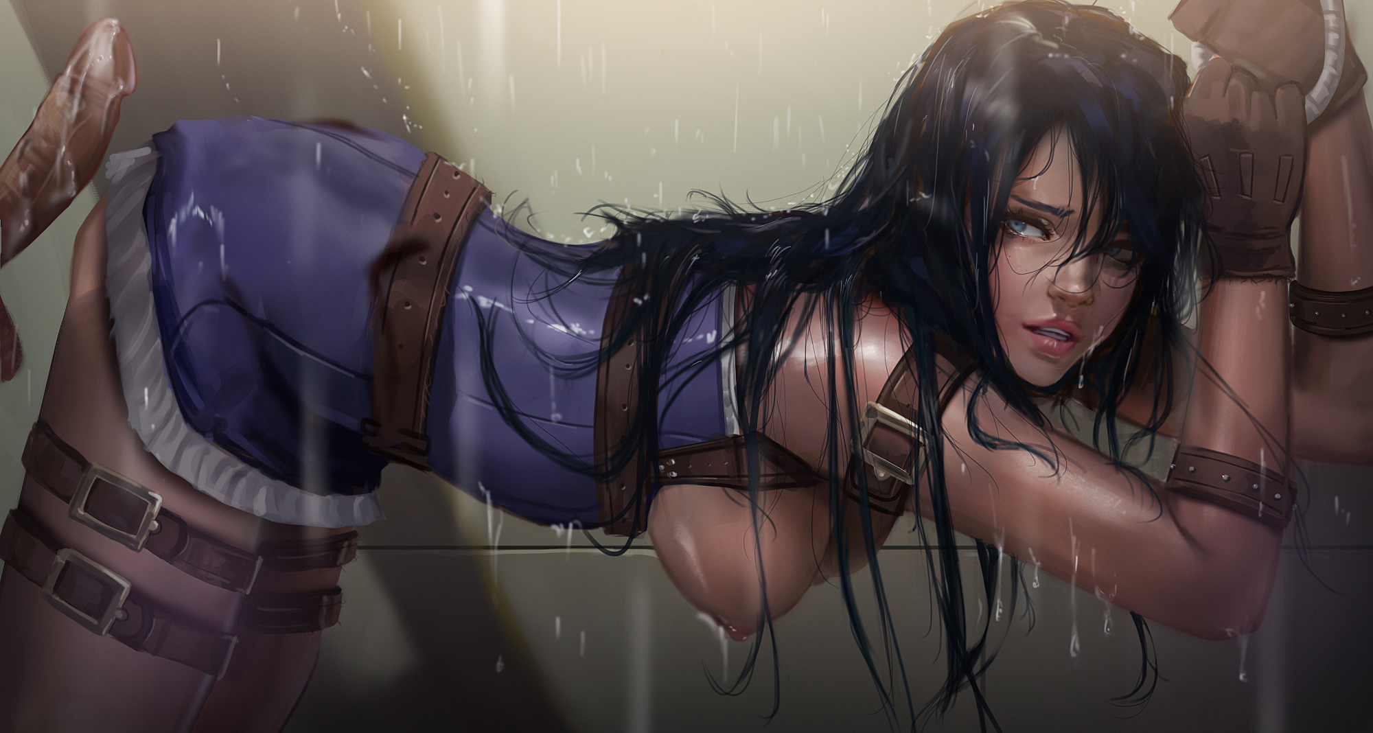 1boy, 1girls, ass, black hair, blue eyes, blue hair, breasts, caitlyn kiramman, clothing, female, functionally nude, gloves, hips, hoobamon, large breasts, league of legends, legs, lips, long hair, male, nipples, rain, sex, sideboob, straight, thighs, wet