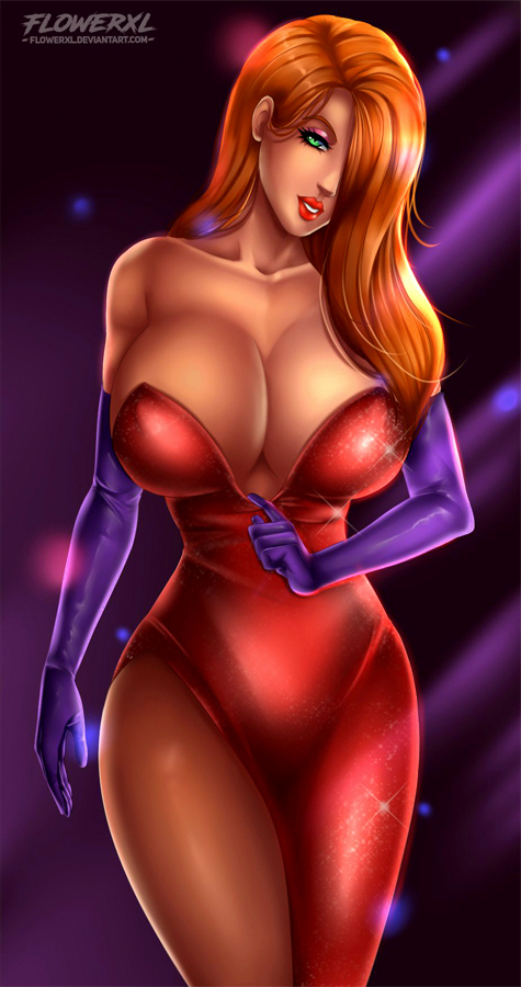 1girls, artist name, bare shoulders, big breasts, bimbo, breasts, busty, cleavage, covered breasts, disney, dress, elbow gloves, eyeshadow, female, female only, flowerxl, gloves, green eyes, hair over one eye, hips, huge breasts, jessica rabbit, large breasts, legs, lipstick, long hair, makeup, pinup, red hair, redhead, sequin dress, solo, tagme, thighs, voluptuous, web address, who framed roger rabbit