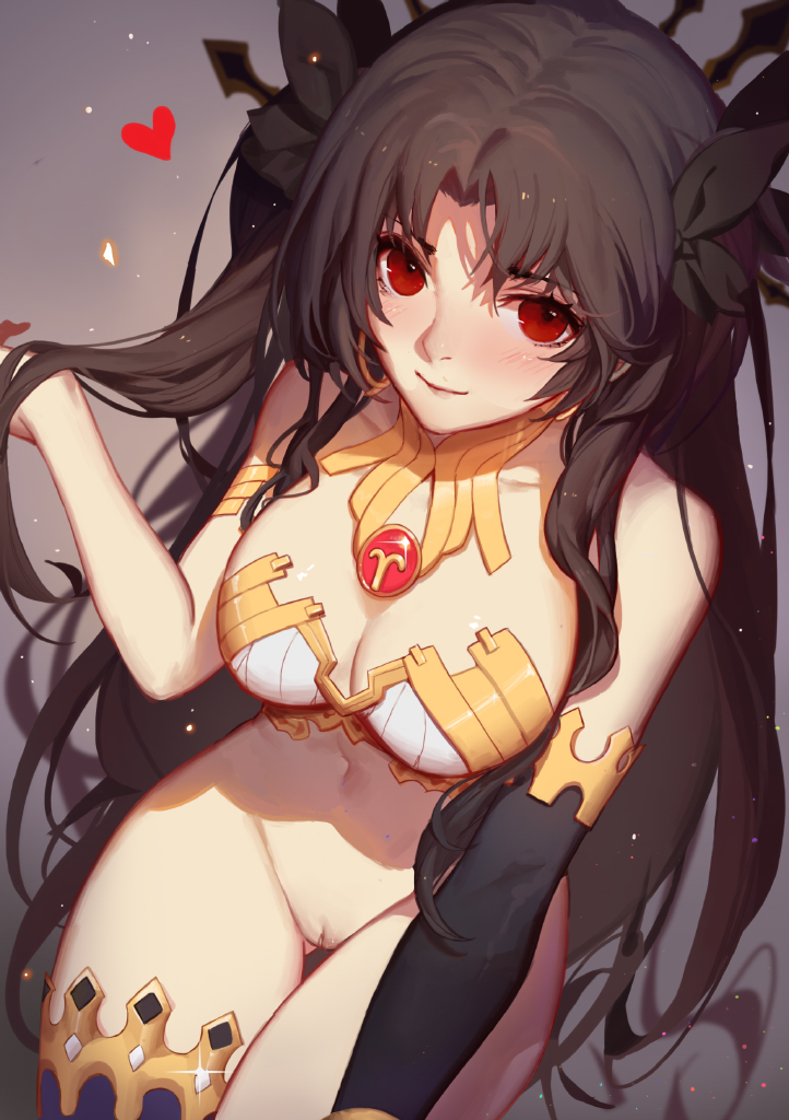 <3, 1girls, belly, breasts, brown hair, cleavage, covered breasts, elbow gloves, fate (series), fate/grand order, fate/stay night, female, female only, gloves, hair ornament, hair ribbon, hips, ishtar (fate), kyomon, large breasts, legs, long hair, navel, pussy, red eyes, ribbon, solo, thighhighs, thighs, tied hair, twintails, vagina, very long hair