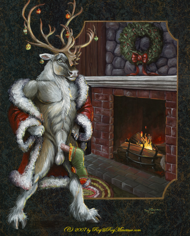 2007 abs antlers christmas clothing erection fireplace holidays hooves horn legwear male_only rog_minotaur santa_claus smile solo stockings