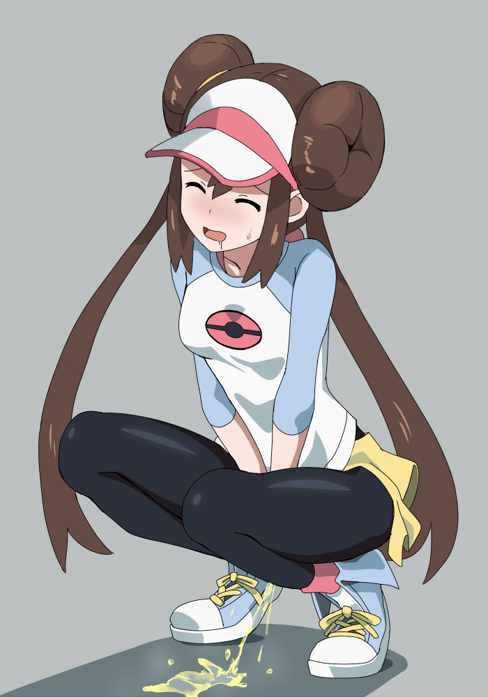 brown_hair closed_eyes clothed double_bun drool female human implied_vagina long_hair miniskirt nintendo pantyhose peeing pokemon pokemon_bw2 rayphenos rosa_(pokemon) simple_background solo tied_hair twintails urine visor_cap