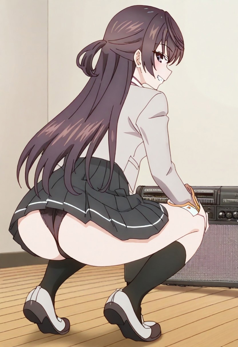 1girls ai_generated ass ass_focus ass_shake bending_over black_hair black_panties black_socks boombox bouncing_ass civitai female grin half_updo hands_on_knees jacket long_hair looking_at_viewer looking_back purple_eyes shaking_ass shoes skirt smile suou_yuki tokidoki_bosotto_russian_de_dereru_tonari_no_alya-san twerking upskirt