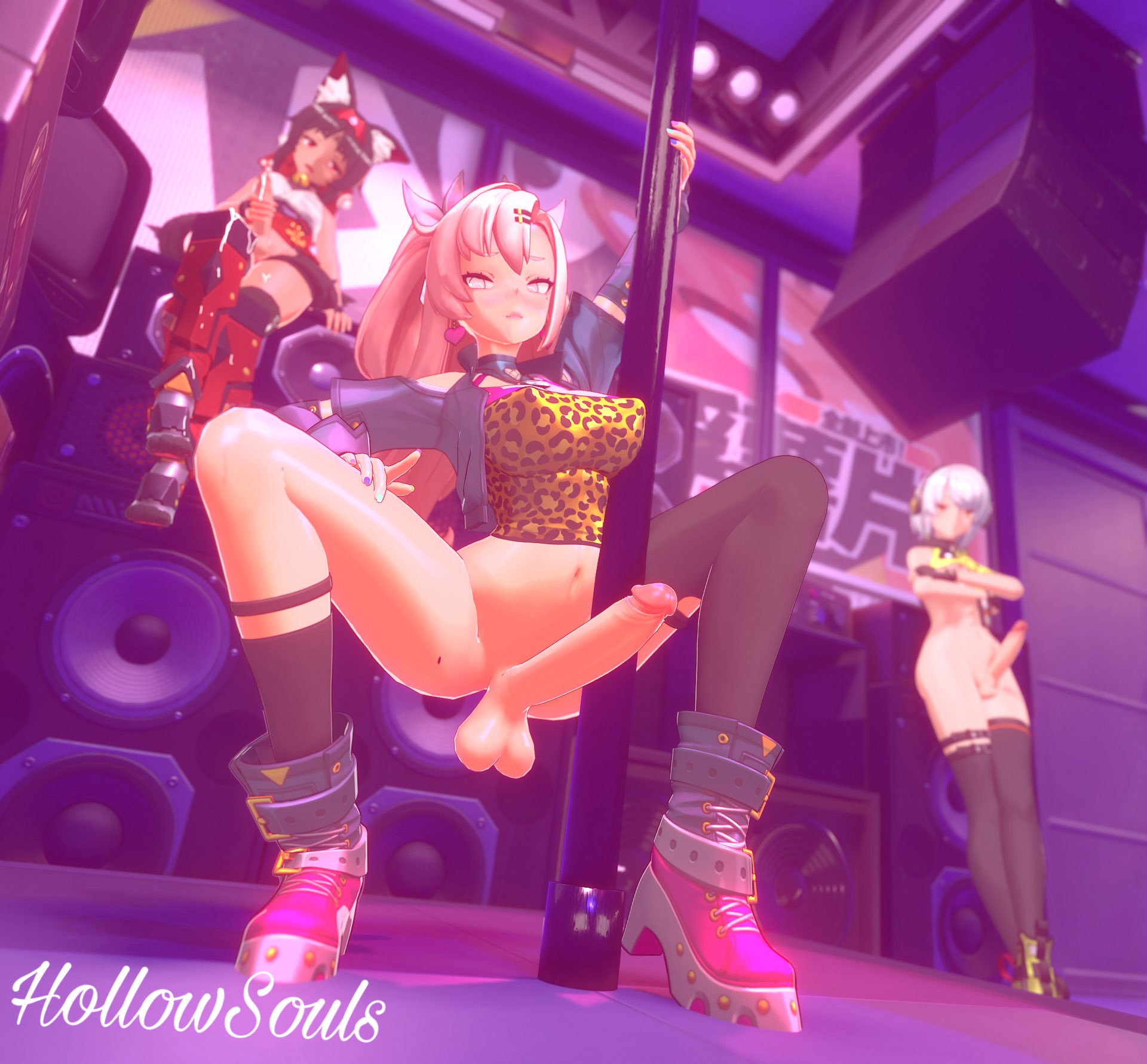 3d, 3futas, anby demara, black hair, blush, cat ears, cat girl, catgirl, crouching, cum, cum on penis, erect penis, female, futanari, hand on penis, headphones, hollowsouls, hoyoverse, intersex, looking down, looking pleasured, mostly clothed, nekomiya mana, nicole demara, penis, pink hair, speakers, stripper pole, watermark, zenless zone zero