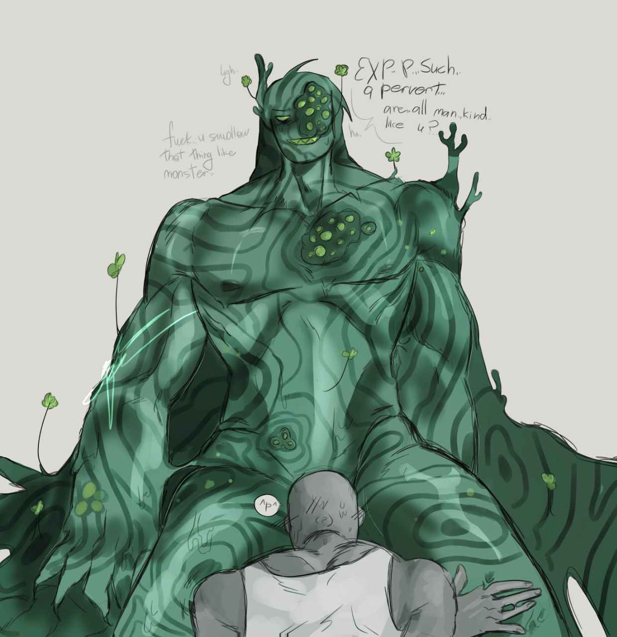 2boys, anon, blowjob, expendable (pressure), fan character, gay, green skin, grey skin, male, monster, oc, original character, pressure (roblox), pressure oc, roblox, roblox game, size difference, smile, tagme, y/n