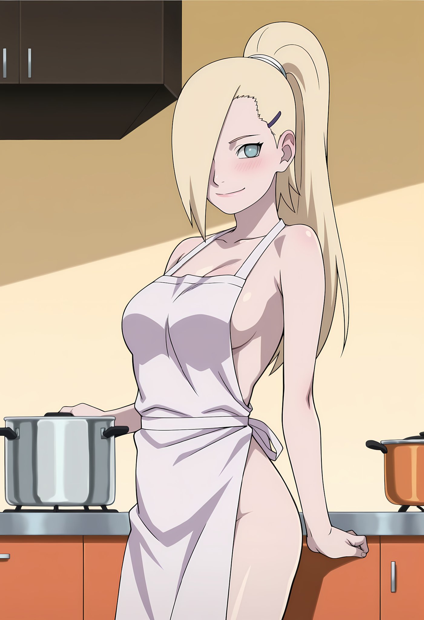 1girls, ai generated, apron, apron only, barely clothed, big breasts, blonde hair, blush, boruto: naruto next generations, breasts, child bearing hips, cleavage, facing viewer, female, female only, highres, hourglass figure, huge breasts, indoors, ino yamanaka, kitchen, looking at viewer, mature, mature female, milf, mostly nude, naked apron, narugirlshot, naruto, naruto (series), naughty, naughty face, naughty smile, no bra, no panties, pinup, ponytail, smile, solo, thick thighs, thighs, very long hair, voluptuous, white apron, white skin, wide hips, wife