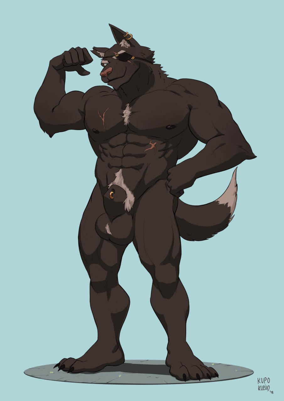 1boy 2018 abs animal_genitalia animal_penis anthro artist_name ball_tuft balls ballsack black_fur blue_eyes body_fur canine claws eye_patch eyewear flaccid_penis fluffy_tail kupo_klein male male_nipples male_only male_pubic_hair mammal masculine mature_male muscles muscular_male nude_male pecs penis penis_piercing scars scrotum sheath sheath_piercing solo testicles white_hair wolf