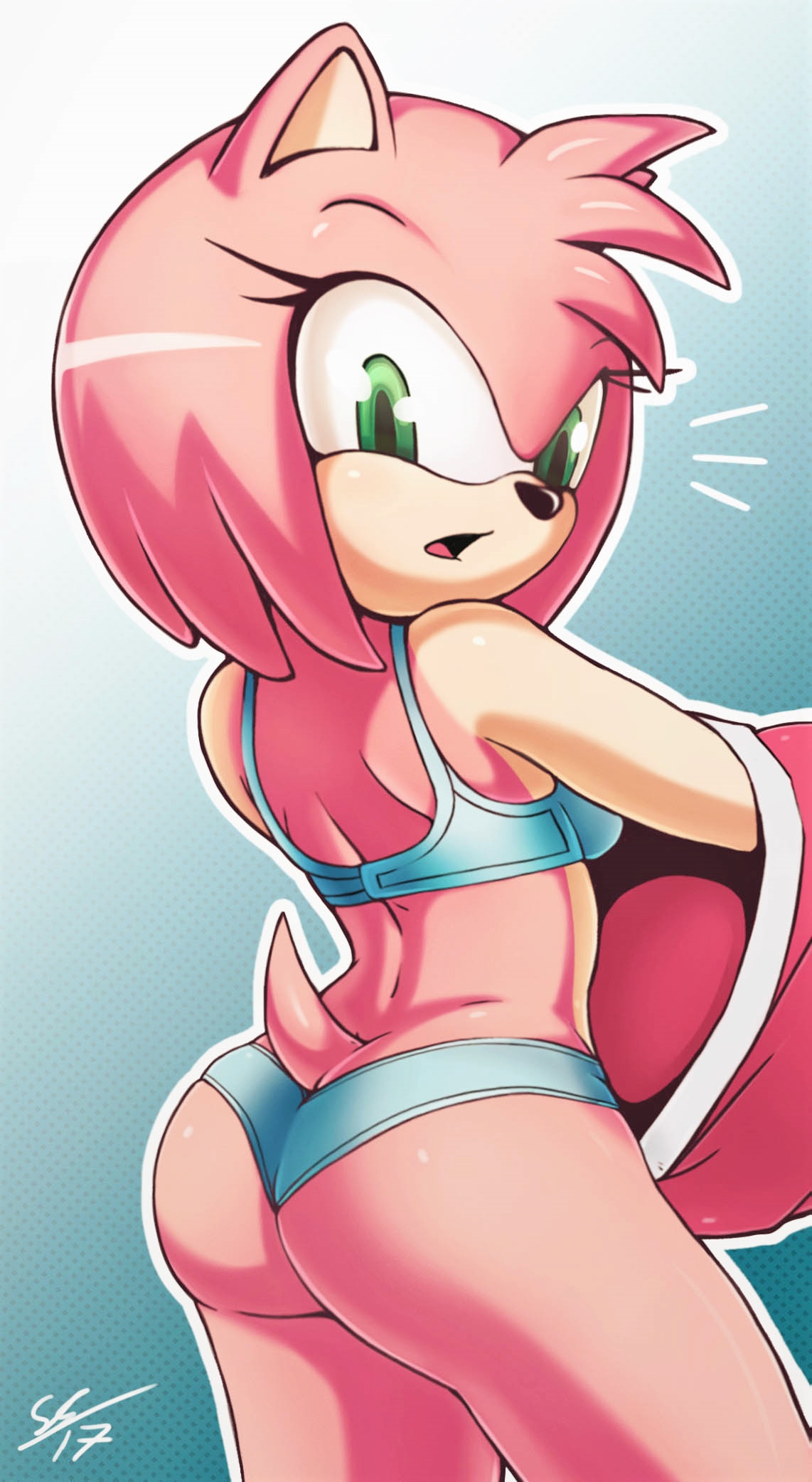 1girls, 2017, alternate body type, amy rose, anthro, ass, ass cleavage, ass crack, big ass, big butt, blue bra, blue panties, blush, bra, breasts, butt crack, clothed, clothing, eyelashes, female, female only, green eyes, hedgehog, looking at viewer, looking back, mammal, matching underwear, open mouth, panties, pink hair, secretly saucy, sega, short hair, simple background, solo, sonic (series), sonic the hedgehog (series), standing, tail, thick thighs, thong, underwear, undressing, video games, wide hips