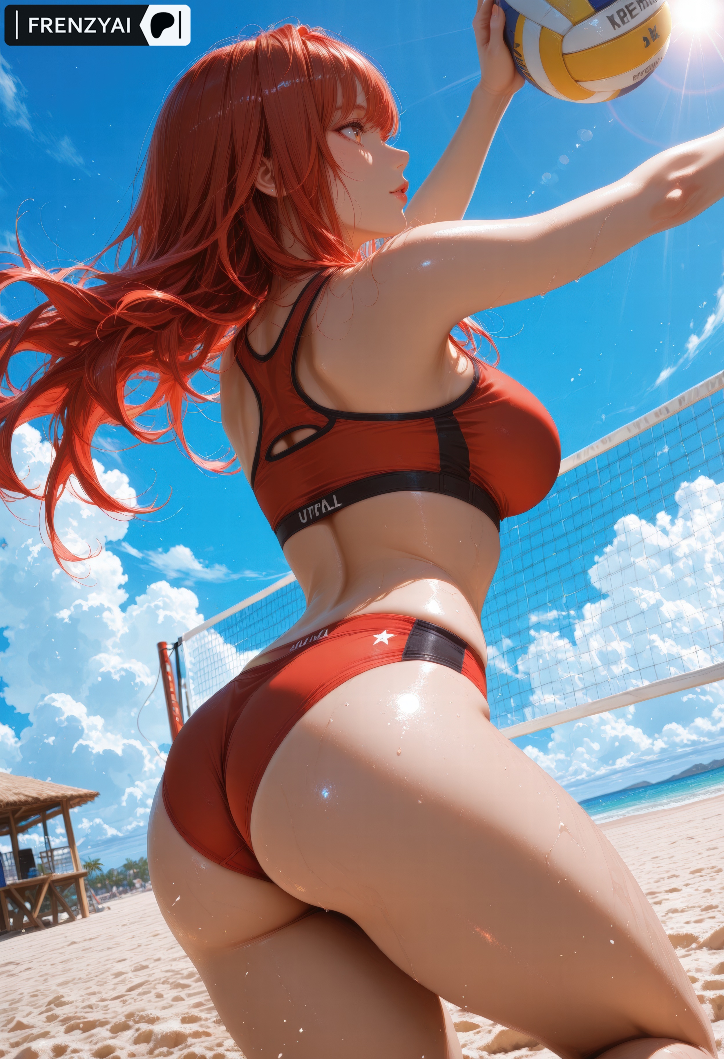 ai generated, ass, breasts, female, frenzyai, goddess of victory: nikke, large breasts, rapi (nikke), rapi (red hood) (nikke), sports bra, sports panties, volleyball