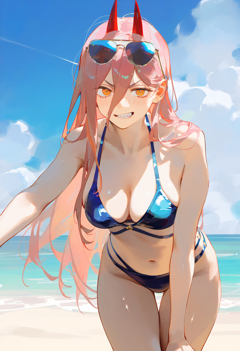 1girls ai_generated bikini blue_bikini chainsaw_man gb_5 pink_hair power_(chainsaw_man) solo sunglasses sunglasses_on_head