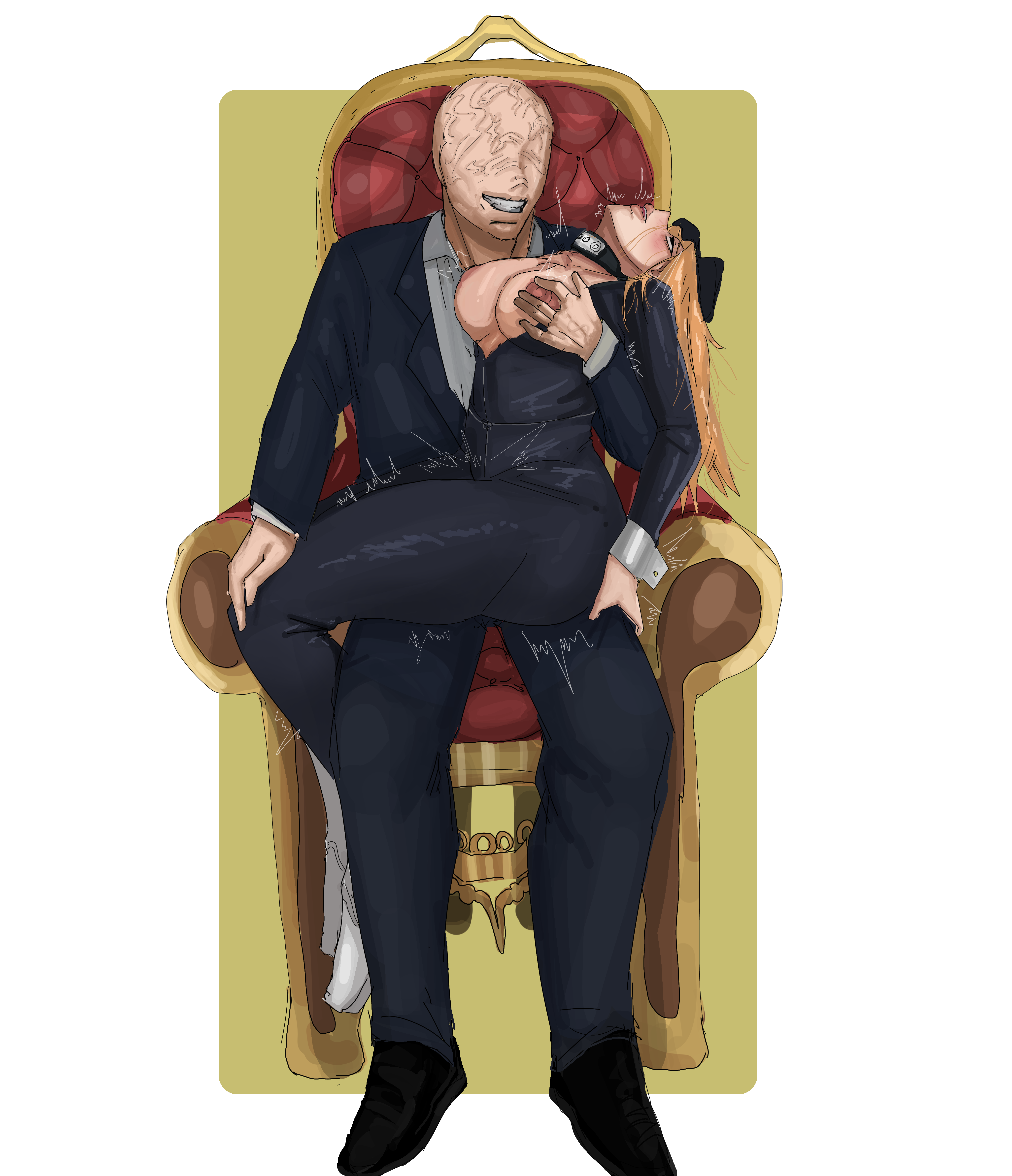1boy, 1girls, age difference, ahe gao, all for one, blonde hair, blonde-haired female, blush, breast grab, breasts, breasts out, camie utsushimi, chair, clothing, conjugal slavery, curvy, curvy female, curvy figure, defeated, defeated heroine, female, greekans, heroine, male, my hero academia, nipple play, nipples, older male, older male and younger female, on lap, sitting, sitting on chair, sitting on lap, smile, smiling, stockholm syndrome, suit, thighs, throne, ugly bastard, villain, younger female