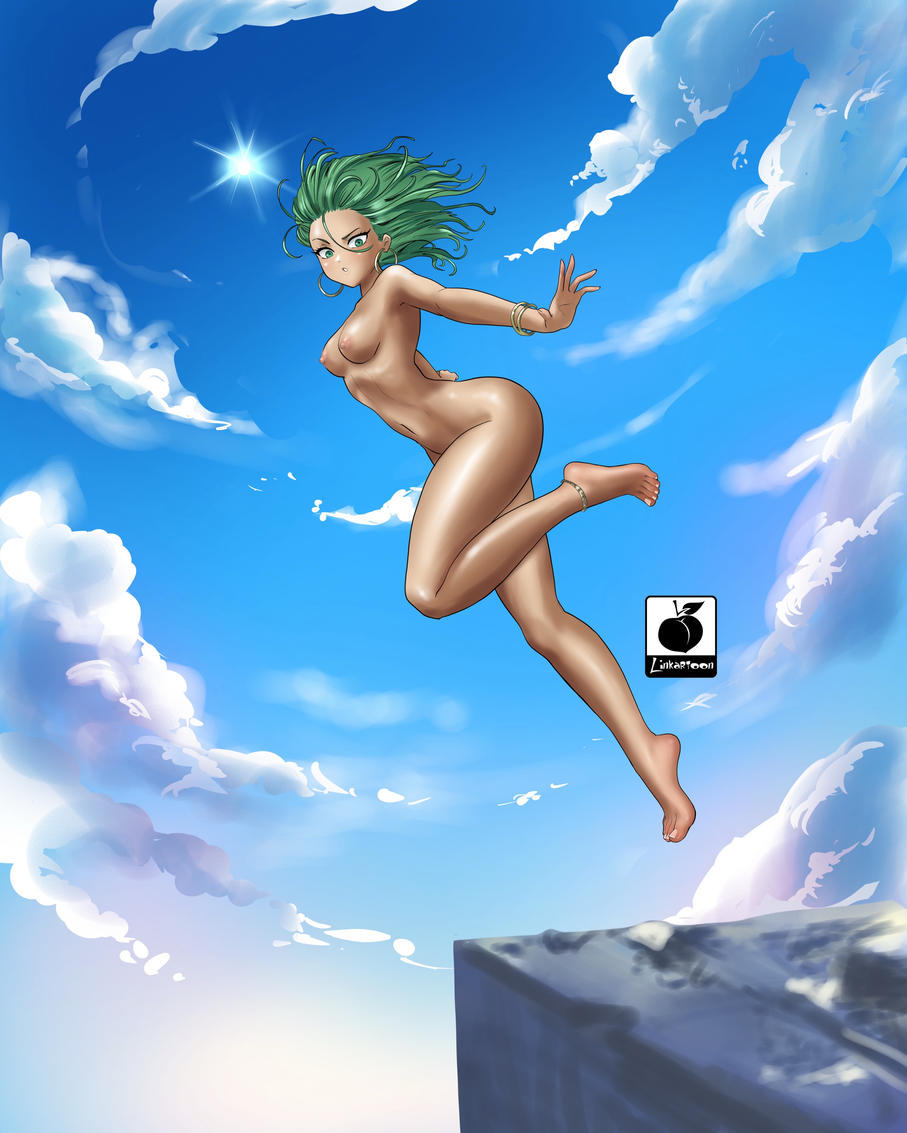 1girls, barefoot, female, flying, full body, jewelry, linkartoon, nipples, nude, nude female, one-punch man, patreon reward, public, tan skin, tanned, tatsumaki