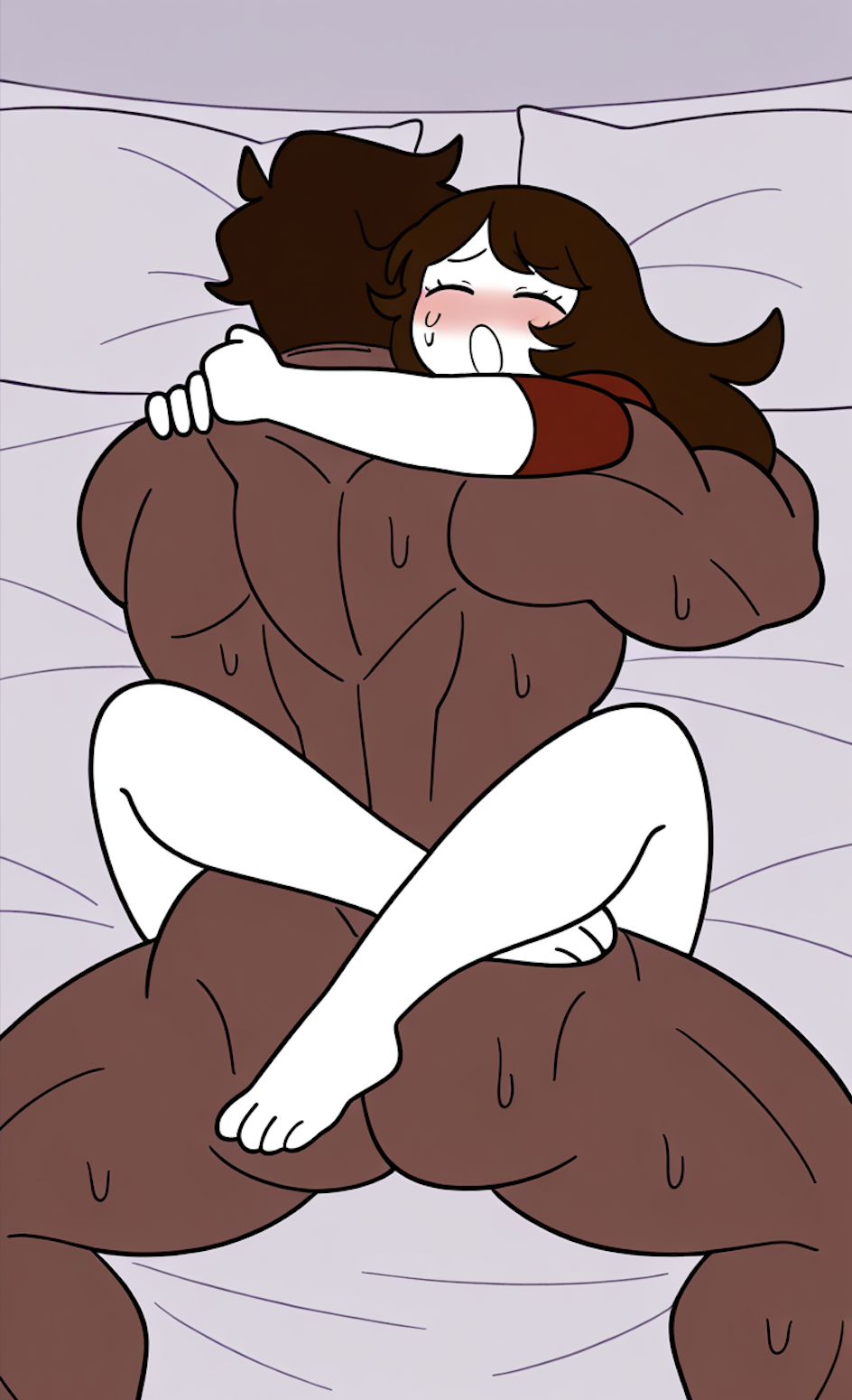 ai generated, blush, brown hair, closed eyes, dark skin, dark-skinned male, dominant male, domination, female, interracial, jaiden, jaiden animations, jaiden dittfach, leg lock, long hair, male, male/female, missionary position, muscular, muscular male, sex, straight, sweating, white body