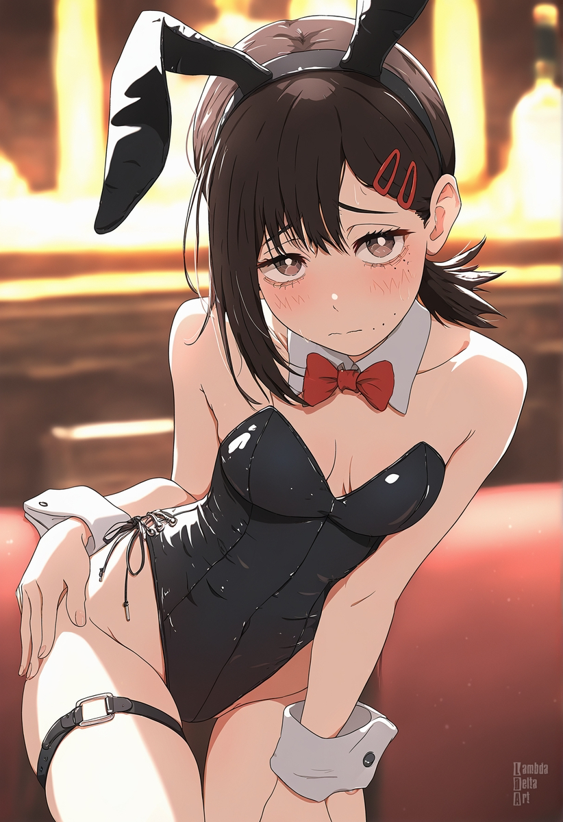 1girls, ai generated, black bunnysuit, bunny ears, bunnysuit, chainsaw man, female, higashiyama kobeni, lambda delta, solo