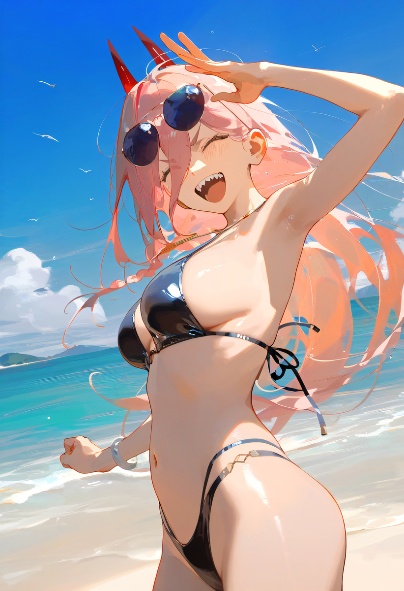 1girls ai_generated bikini black_bikini chainsaw_man gb_5 power_(chainsaw_man) solo sunglasses
