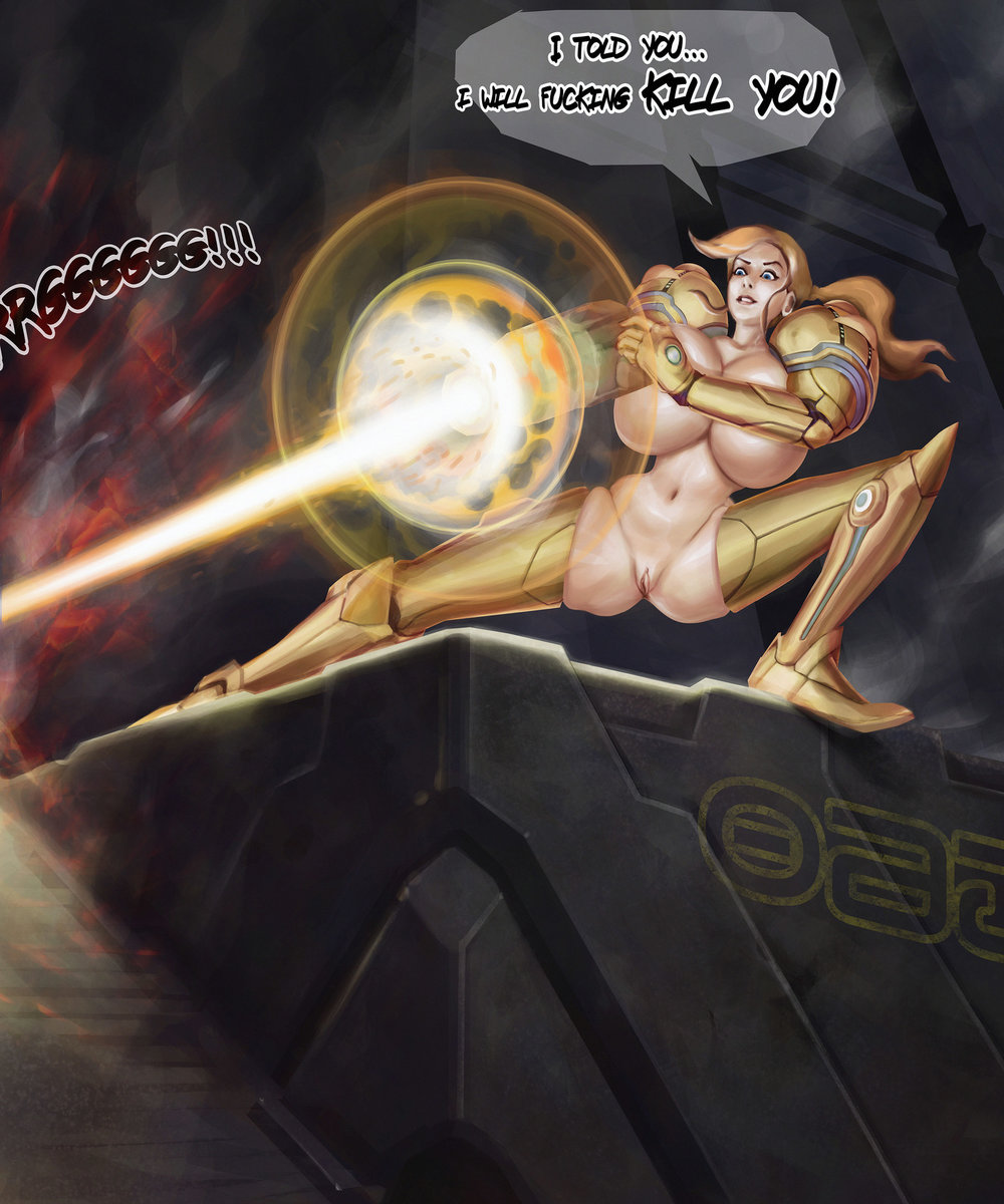 alternate_breast_size arm_cannon blonde_hair breasts female kyuzuc large_breasts lungdrakkar metroid nintendo nipples ponytail power_suit pussy samus_aran solo tied_hair varia_suit