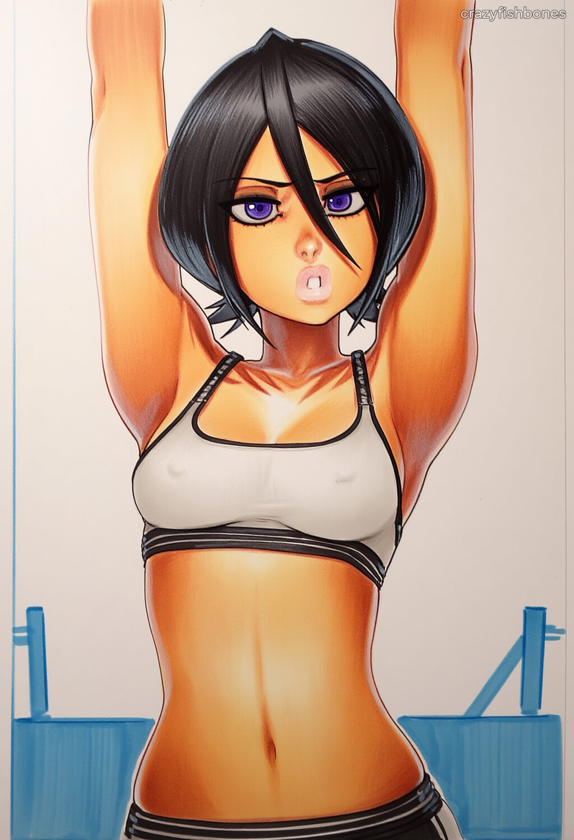 2025 ai_generated armpits arms_up artist_name black_hair breasts crazyfishbones female kuchiki_rukia midriff navel short_hair solo sports_bra