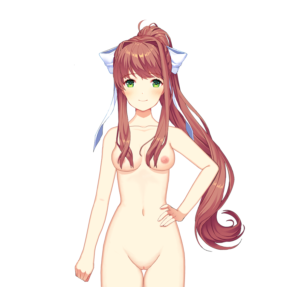 1girls breasts brown_hair completely_nude doki_doki_literature_club edit eroeiyuu female green_eyes long_hair medium_breasts monika_(doki_doki_literature_club) naked naked_female nipples nude nude_edit nude_female nude_filter ponytail pussy shaved_pussy solo solo_female vagina
