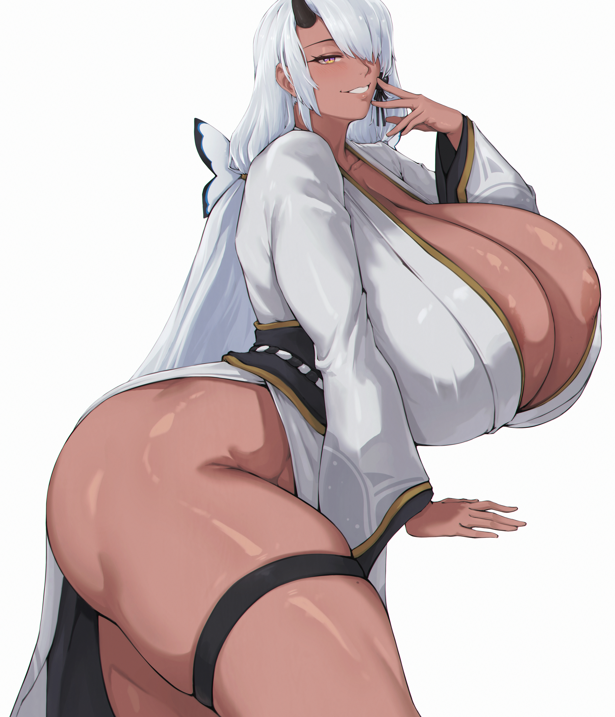 1girls, 2d, 2d (artwork), alternate ass size, alternate breast size, areola slip, ass, aya (trickcal re:vive), breasts, dark areola, dark skin, dark-skinned female, female, gigantic breasts, hair over one eye, hi res, looking at viewer, simple background, smile, thick thighs, trickcal, trickcal re:vive, white background, white hair, zer0artzer0