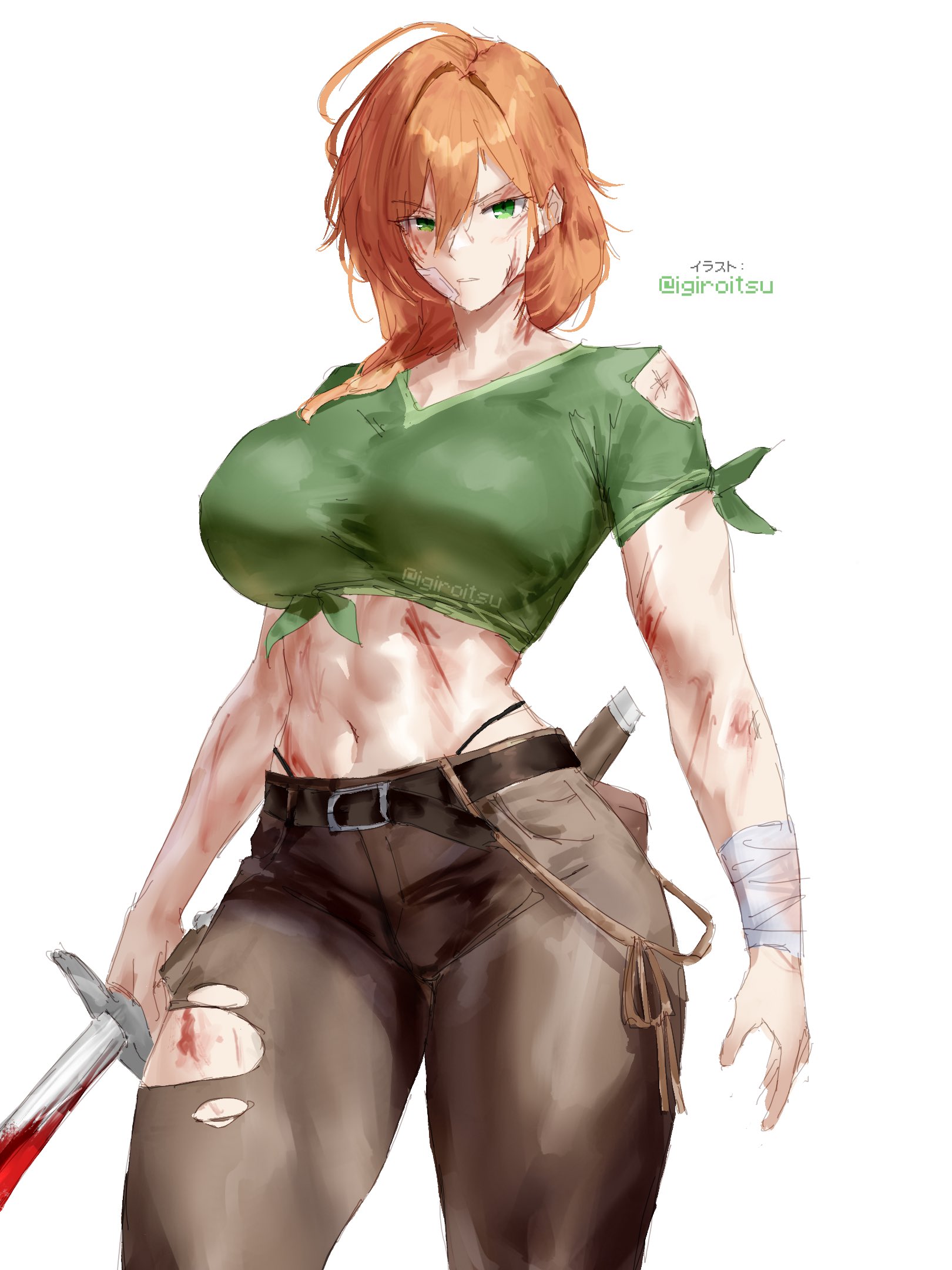 alex (minecraft), blood, breasts, female, female only, green eyes, highres, igiroitsu, injury, large breasts, legs, long hair, looking at viewer, midriff, minecraft, muscular, muscular female, navel, orange hair, pants, serious, shirt, solo, solo female, sword, thighs, thong, tied shirt, torn clothes, torn pants, torn shirt, weapon, whale tail (clothing)