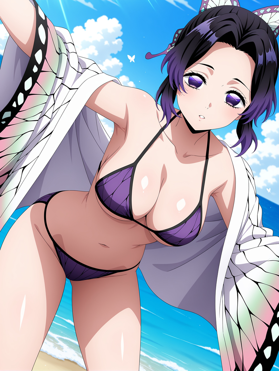 1girls, ai generated, bikini, demon slayer, female, kochou shinobu, purple bikini, solo