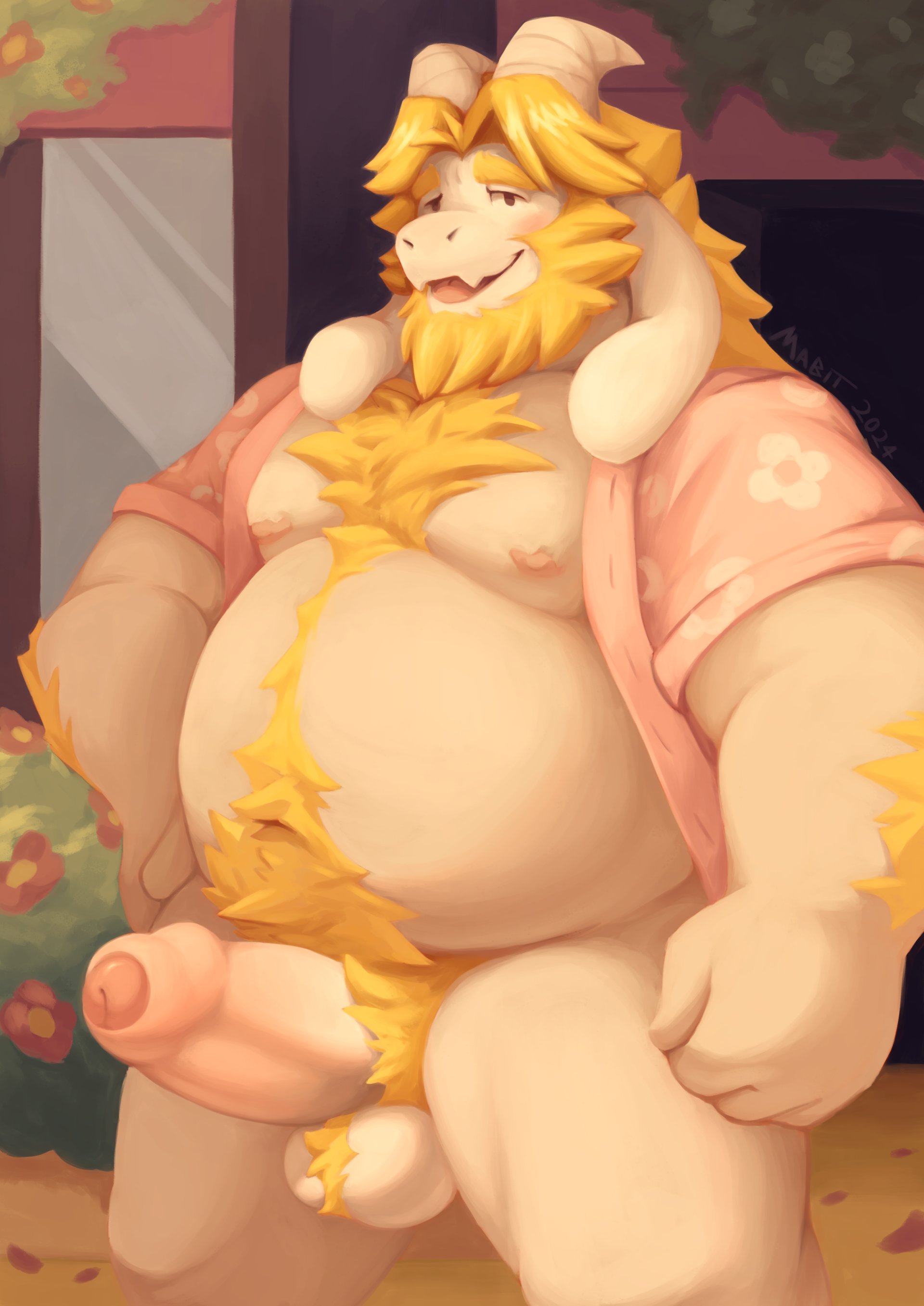 anthro, asgore dreemurr, balls, bara, beard, boner, bottomless, deltarune, erection, facial hair, furry, goat, horns, mabit, male, male only, muscles, muscular, open shirt, pantsless, penis, shirt, solo, solo male, undertale, yaoi
